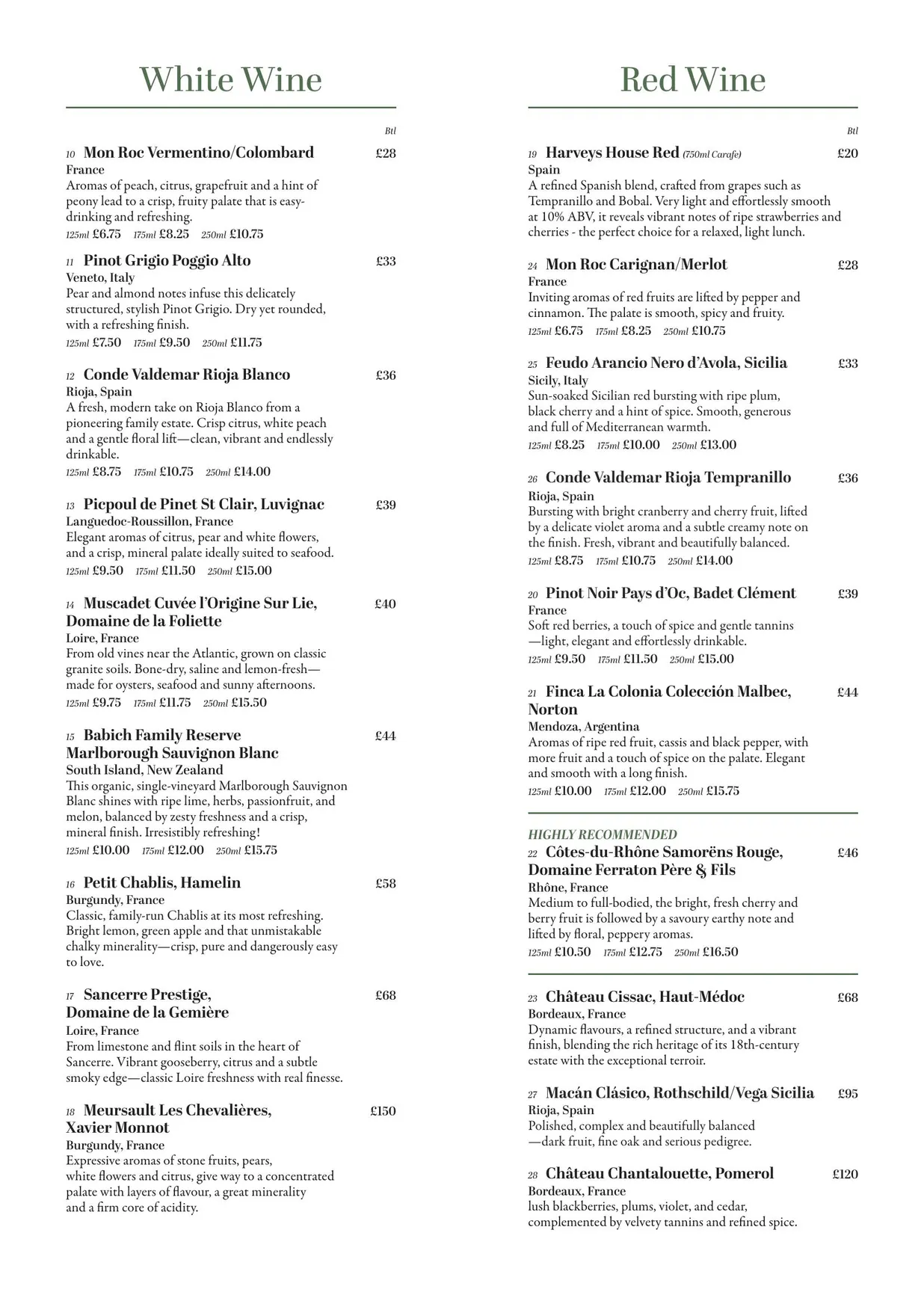 Harveys menu, page 5