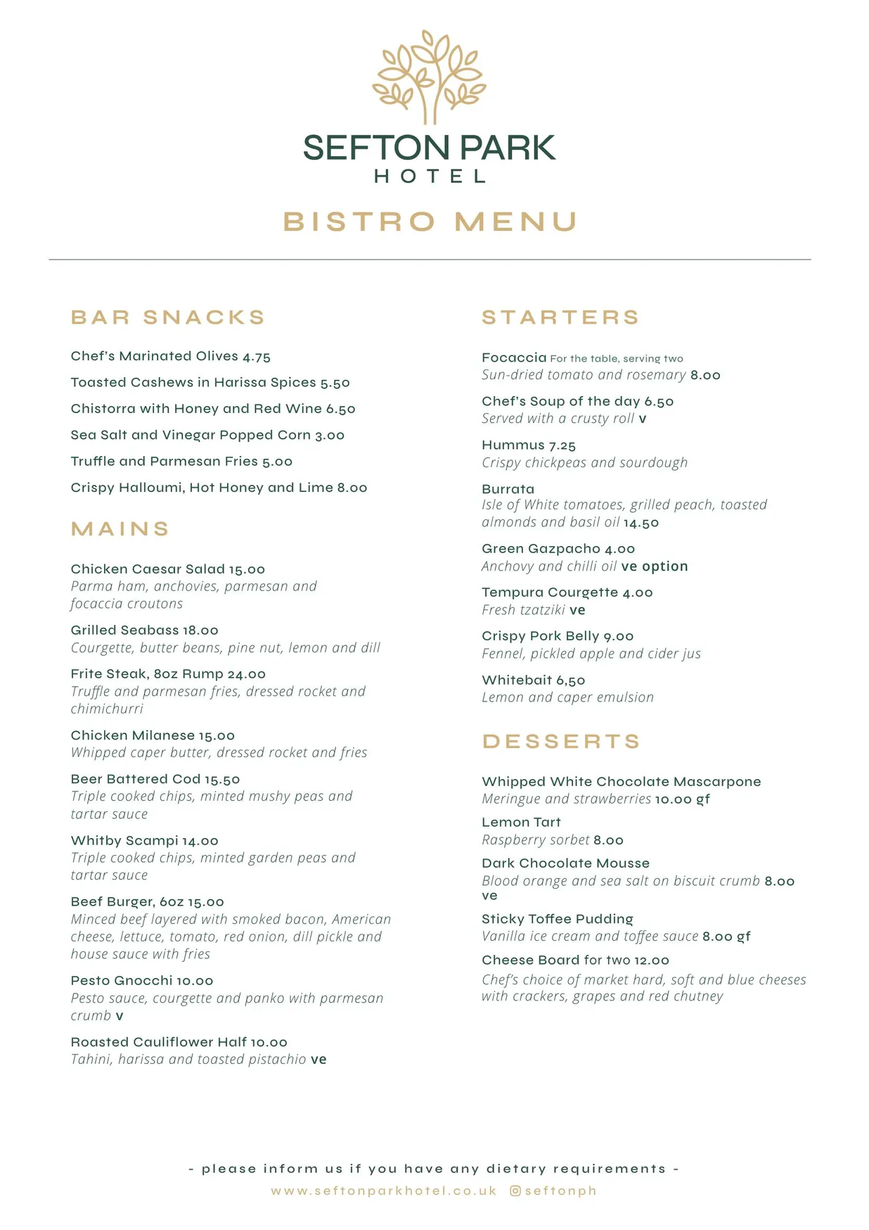 Sefton Park Hotel Bistro menu, page 3