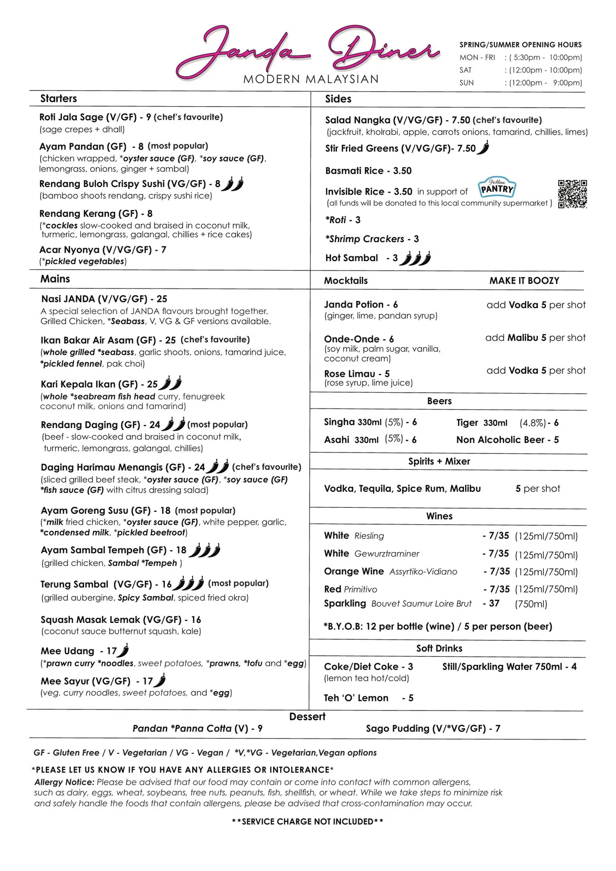 Janda Diner menu, page 1