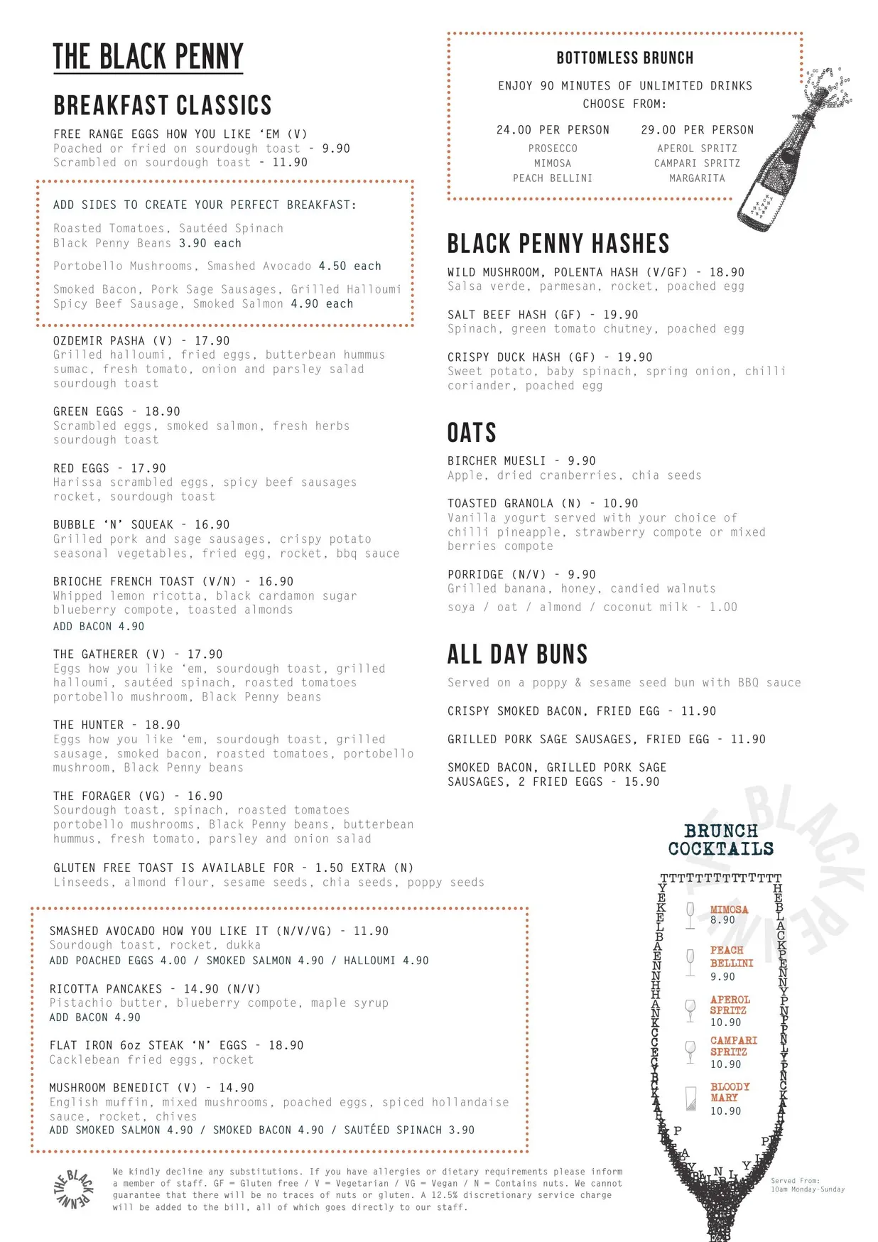 The Black Penny Southbank menu, page 1