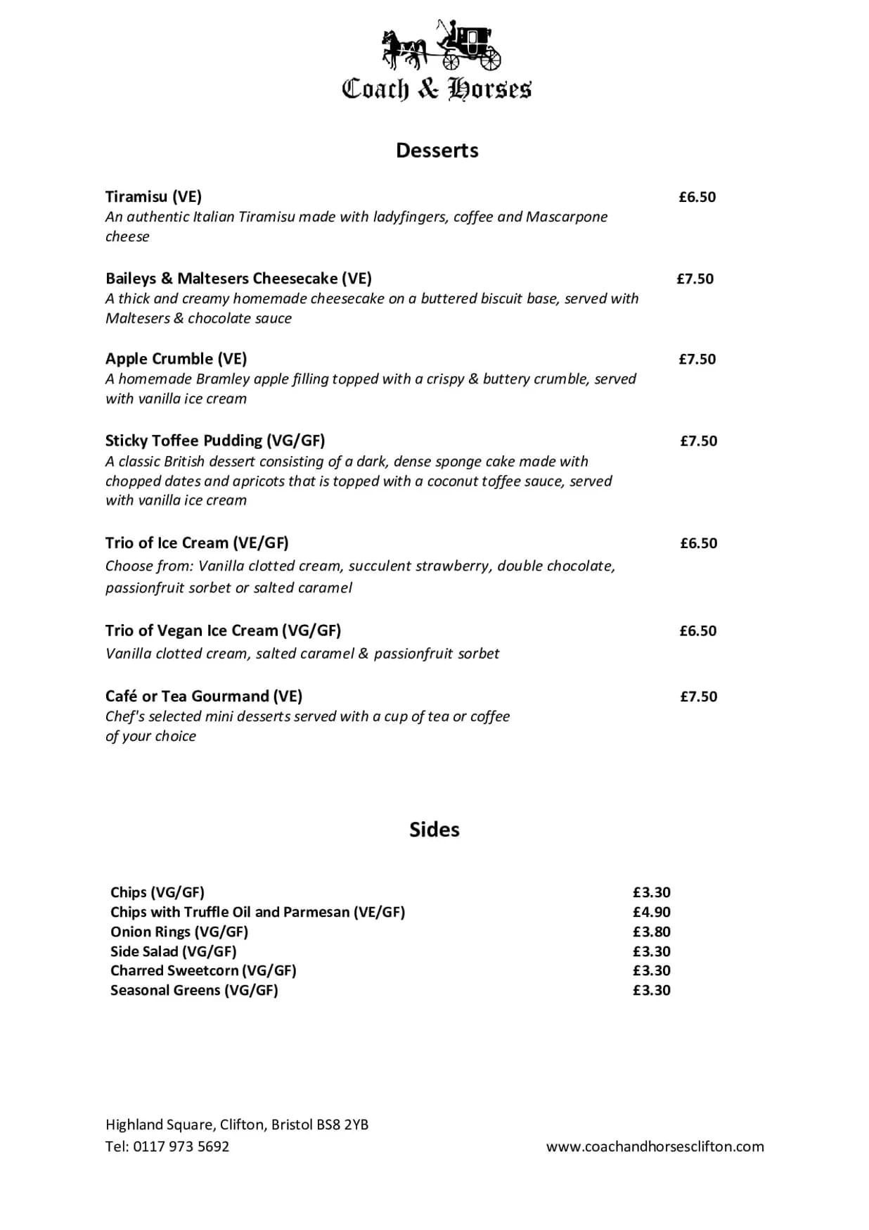 Coach and Horses menu, page 3