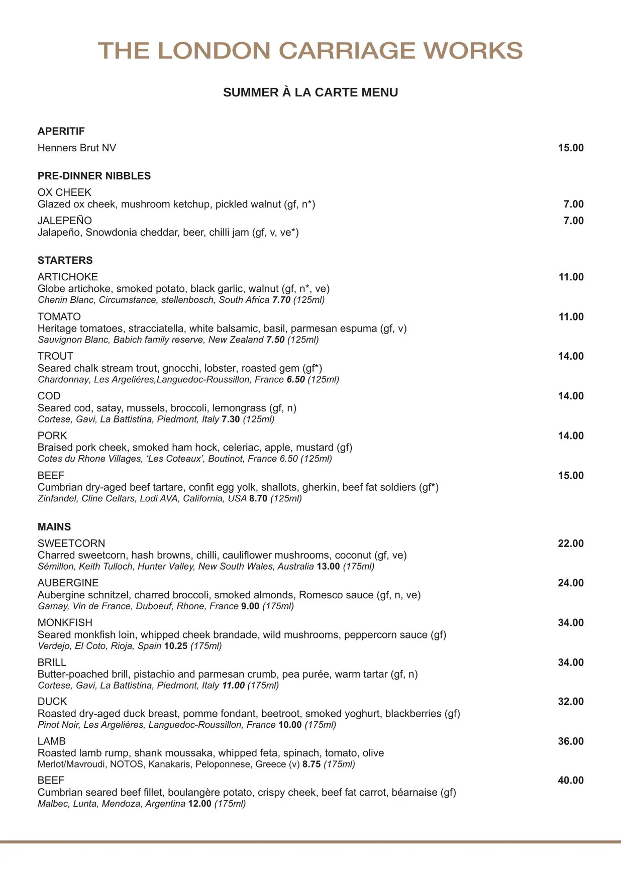 The London Carriage Works menu, page 1
