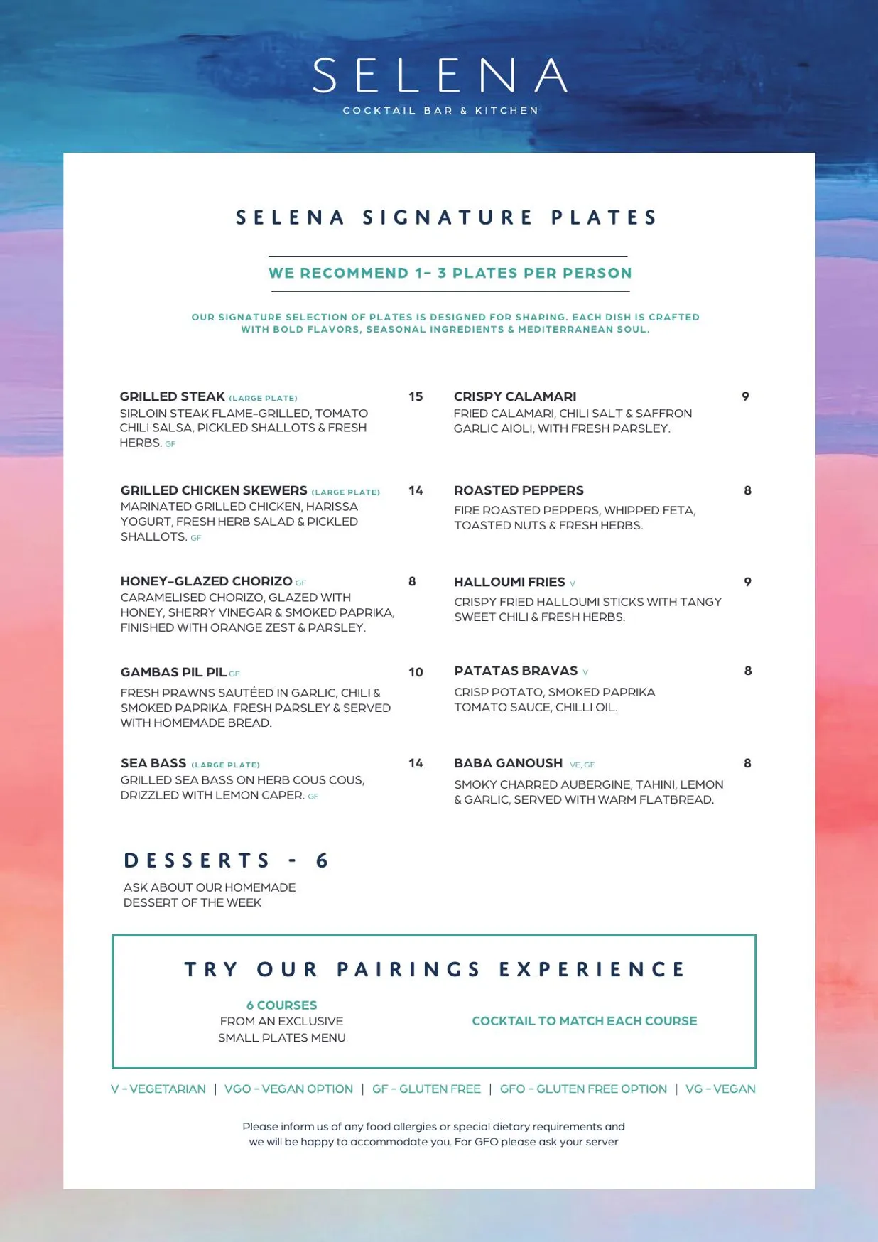 Selena menu, page 2