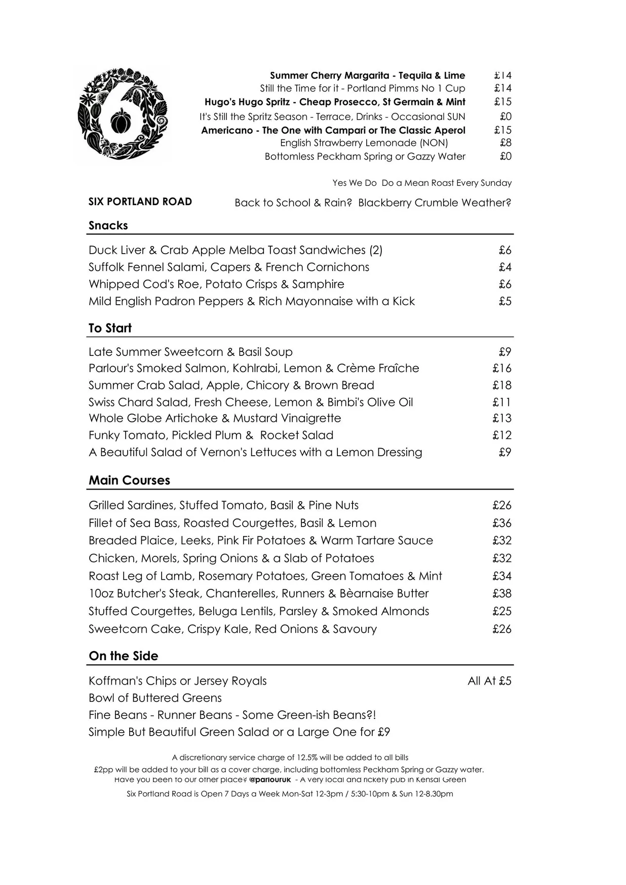 Six Portland Road menu, page 1