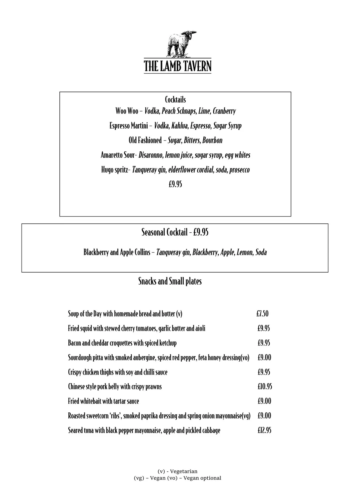 The Lamb Tavern menu, page 1