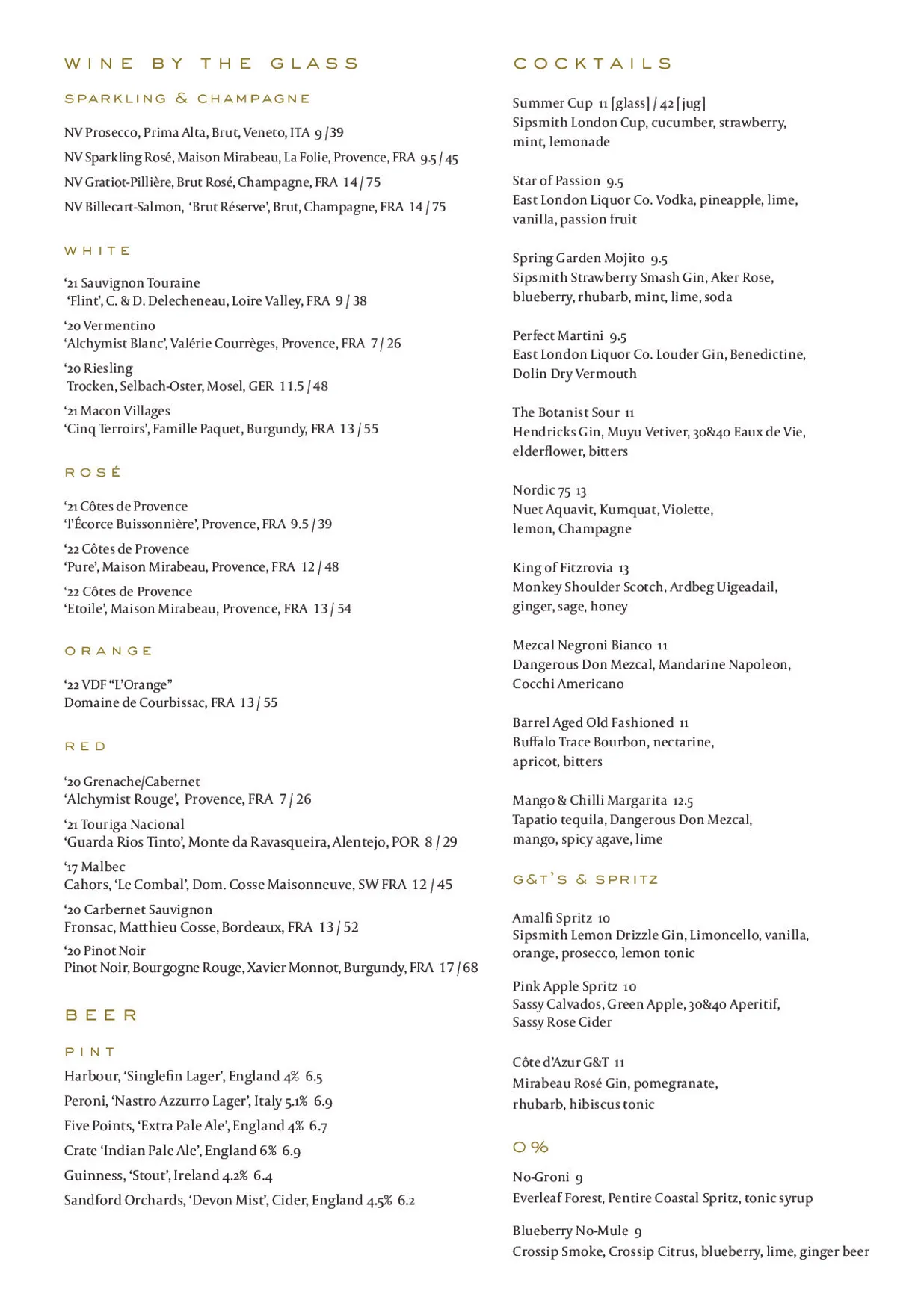 The Arber Garden menu, page 2
