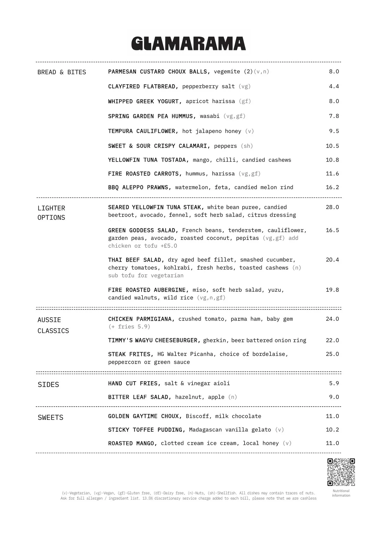 Glamarama Green menu, page 1