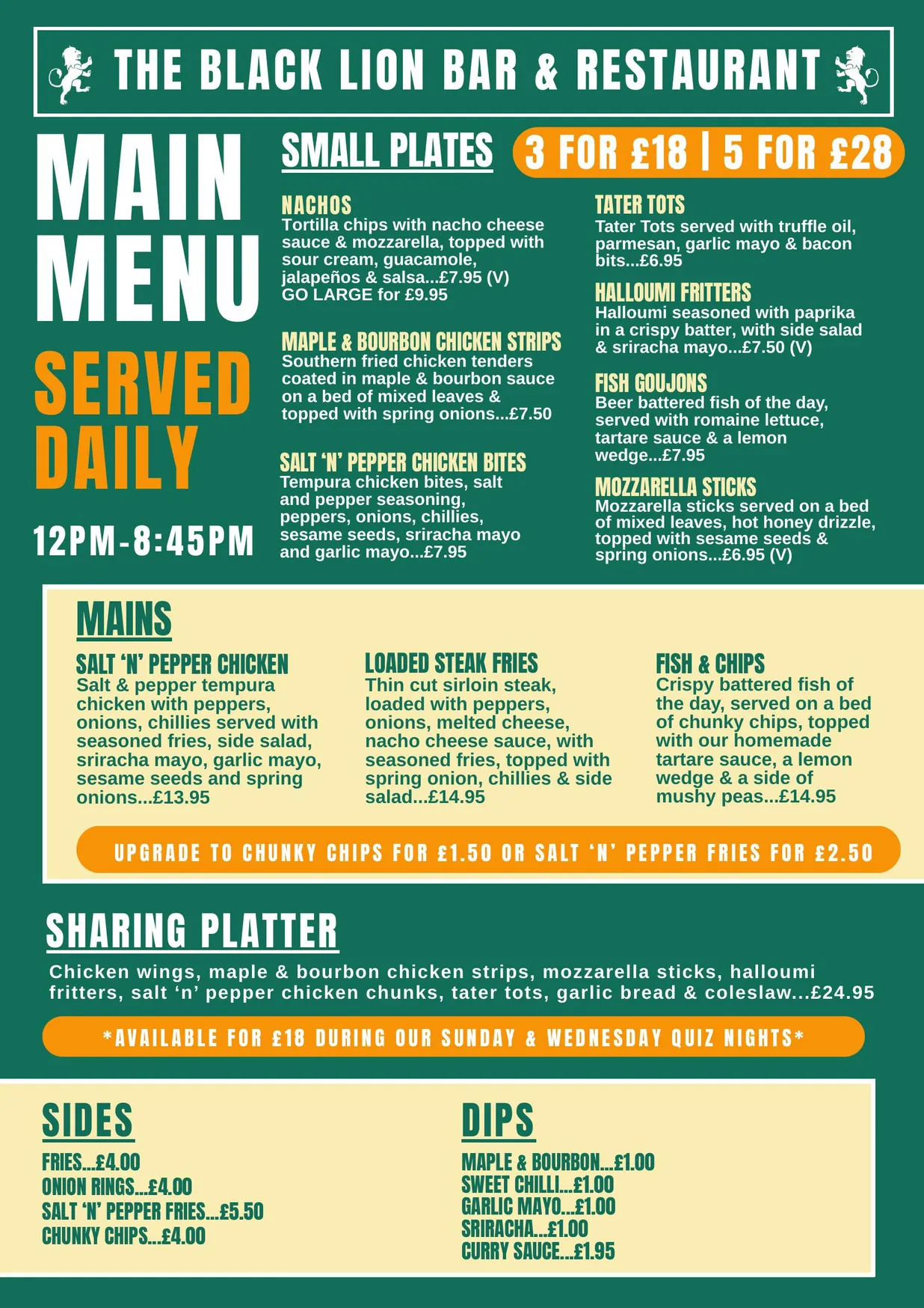 The Black Lion menu, page 1