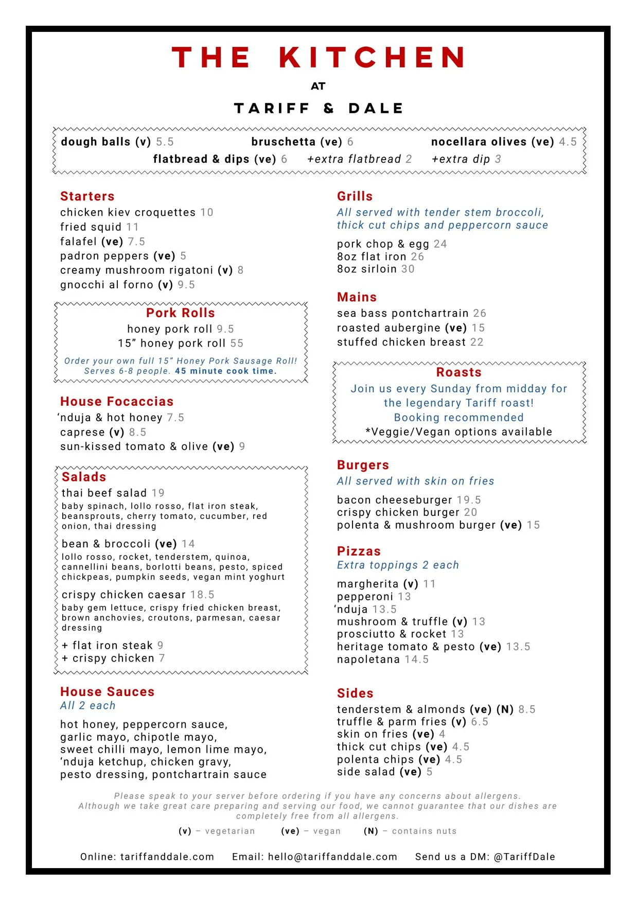 Tariff & Dale menu, page 1