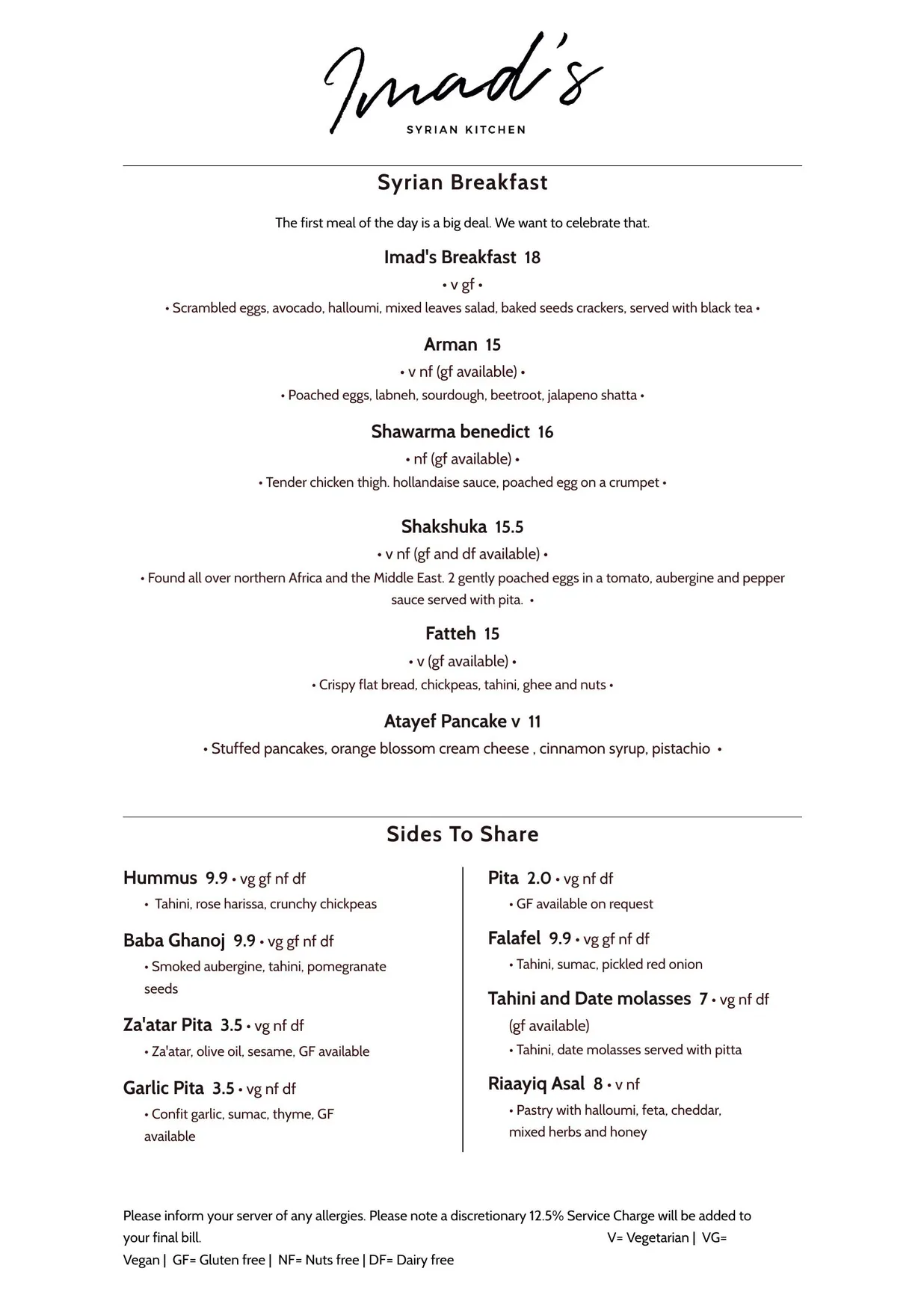 Imad's Syrian Kitchen menu, page 1