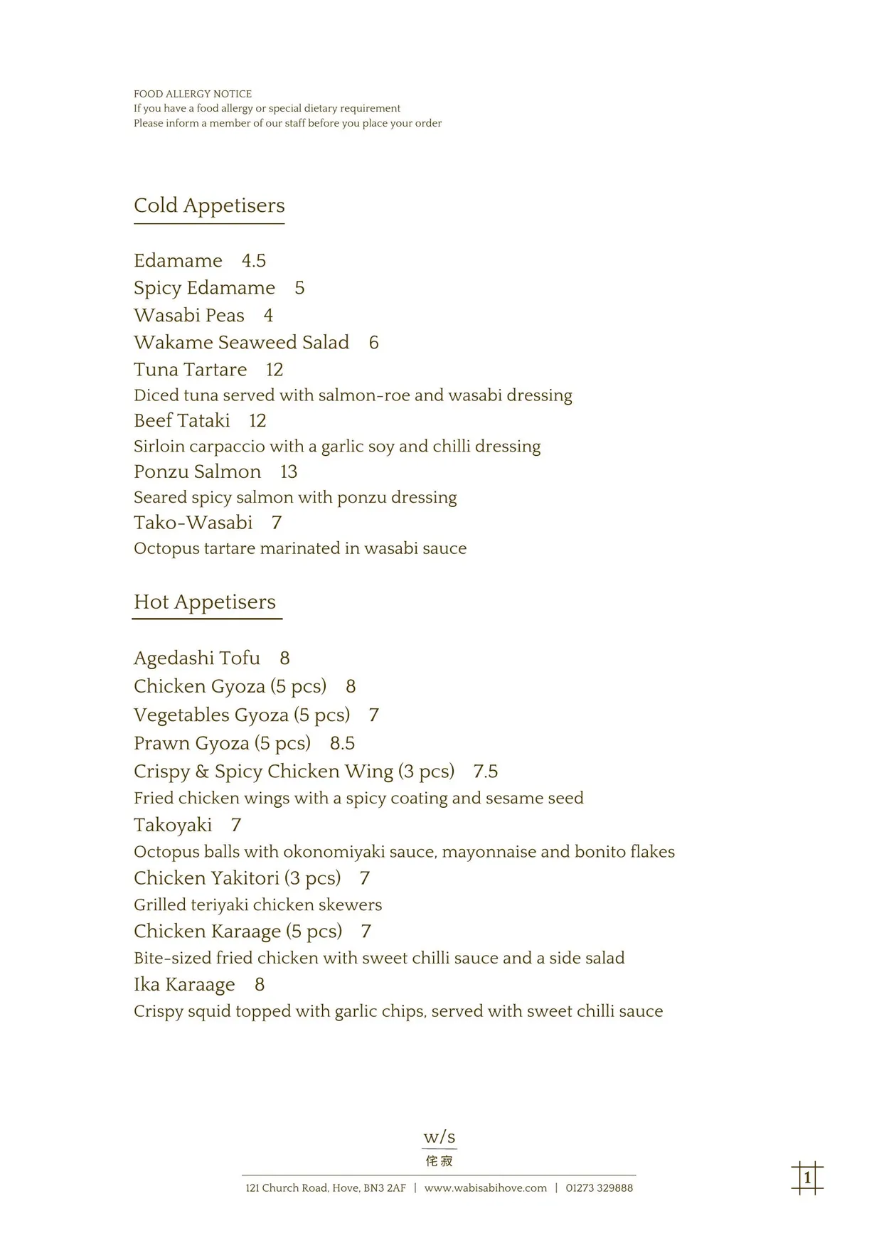 Wabi Sabi menu, page 2