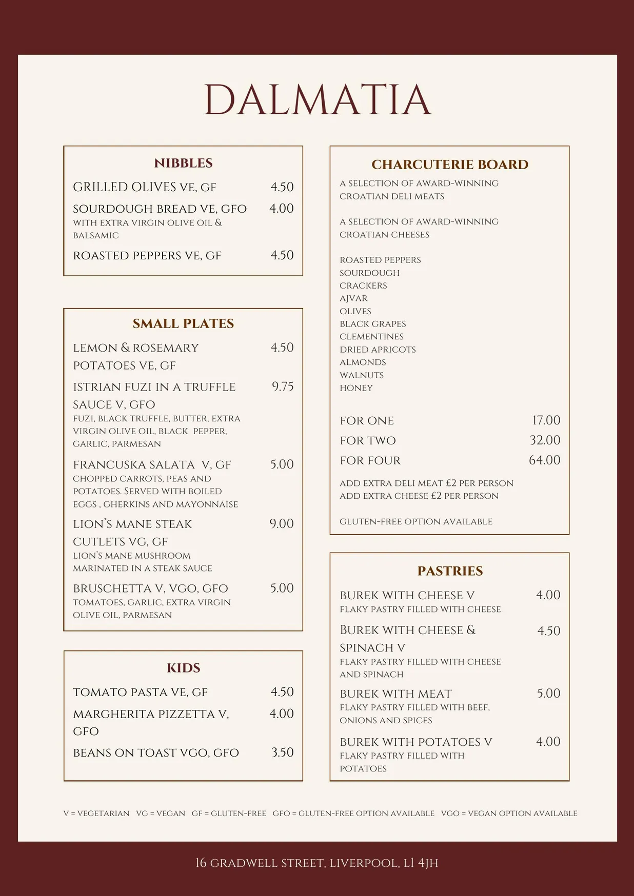 Dalmatia menu, page 1