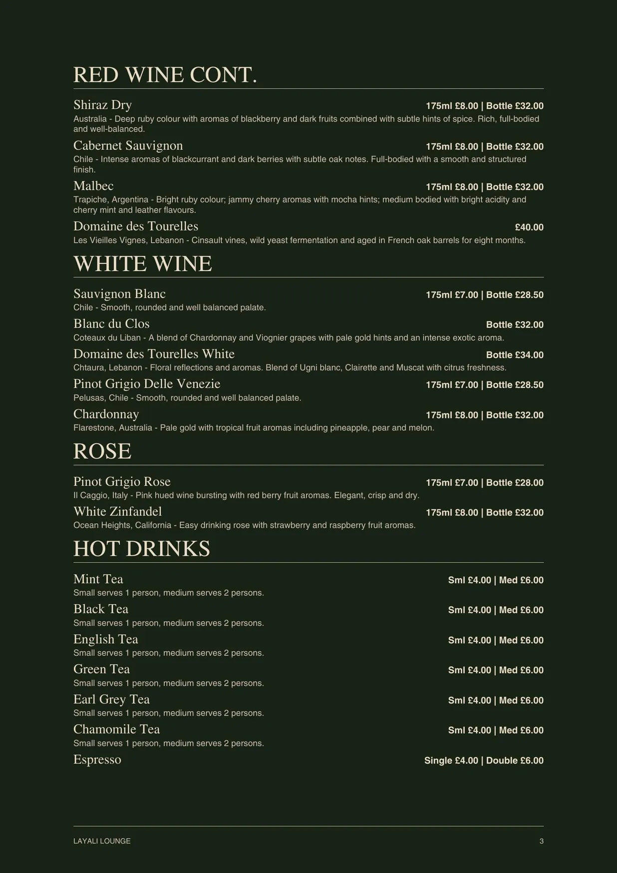Layali Lounge menu, page 8