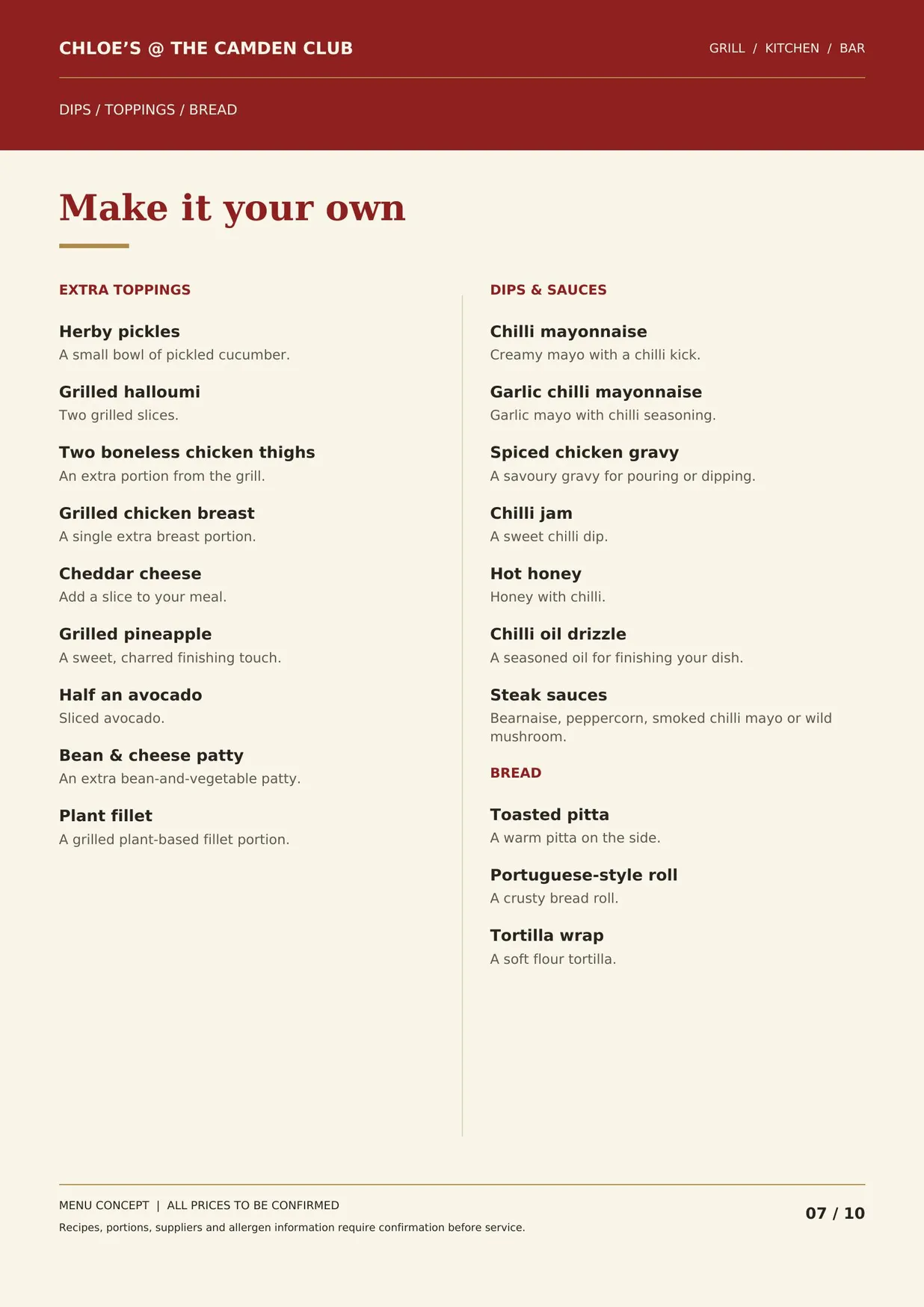 Chloe's @ The Camden Club menu, page 7