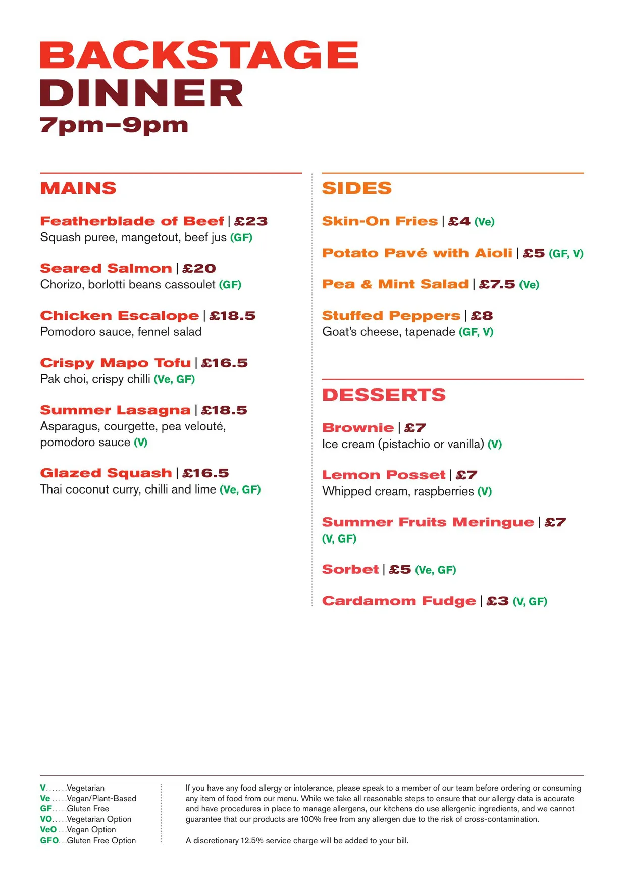 Backstage at The Old Vic menu, page 4