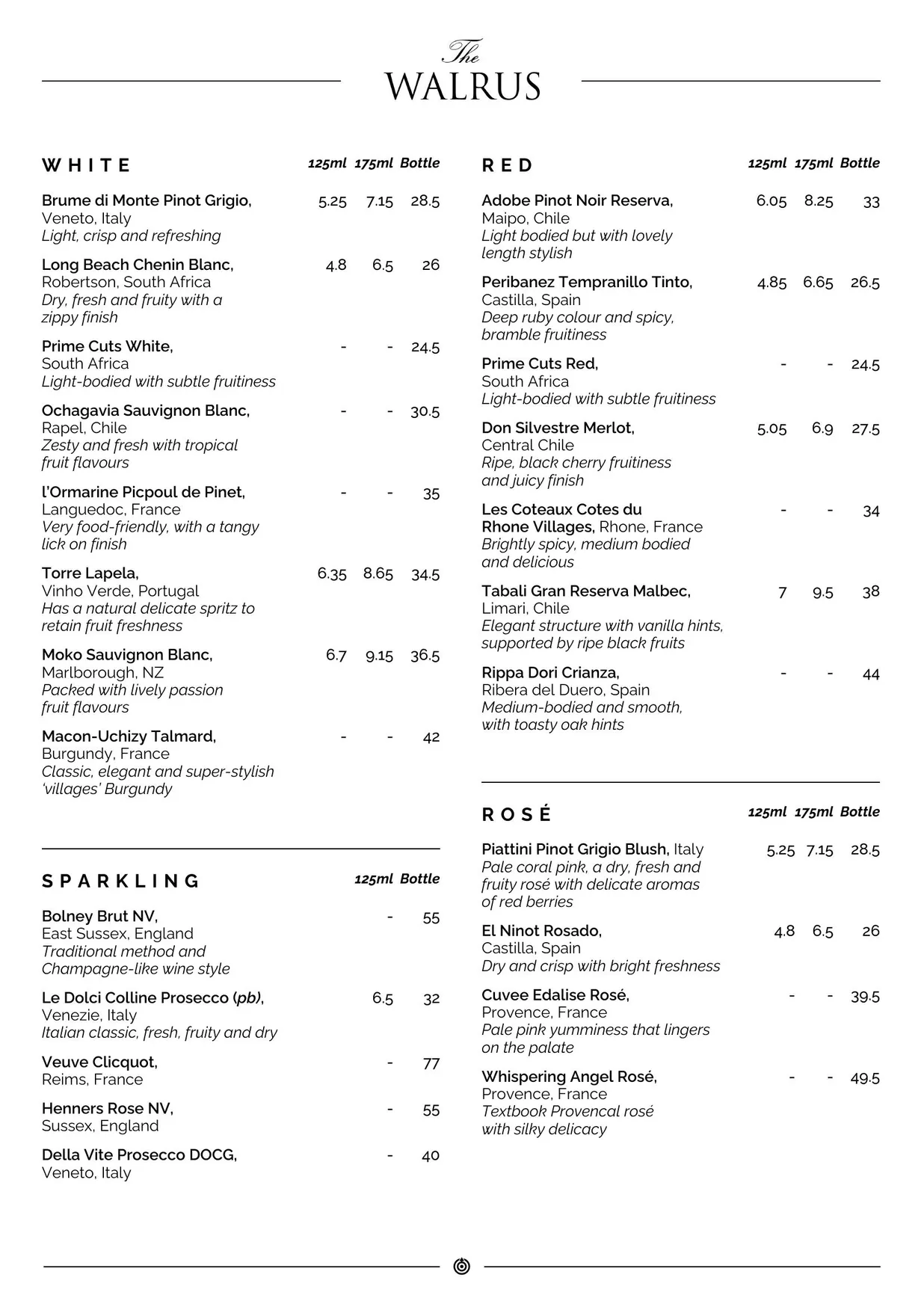 The Walrus menu, page 2