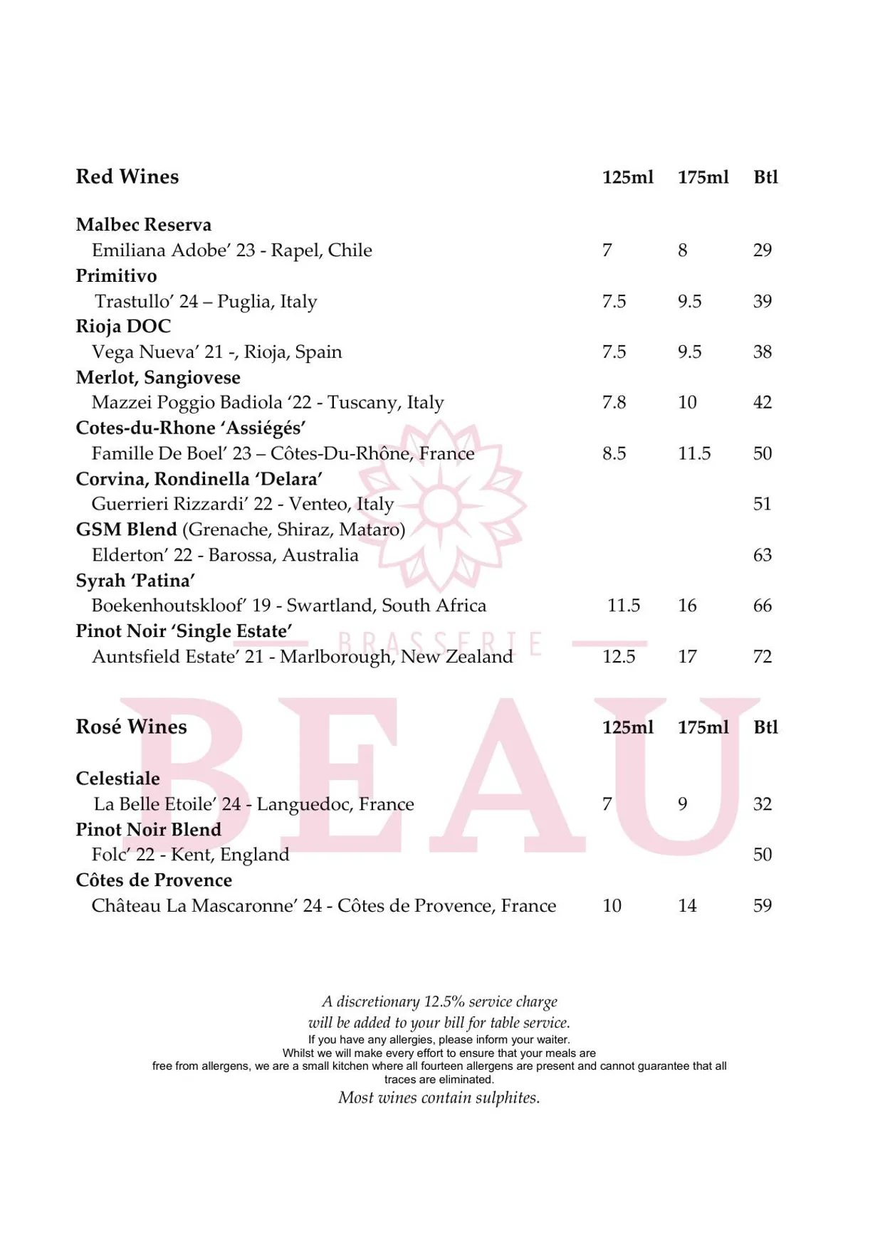Beau Brasserie menu, page 4