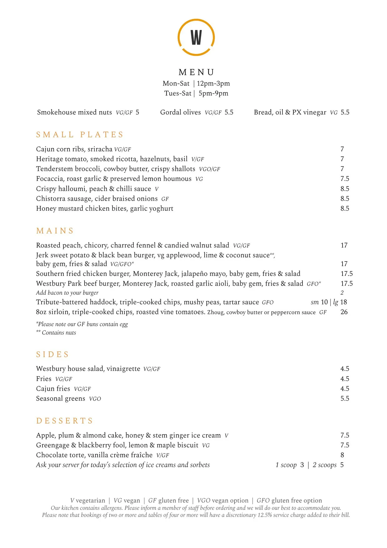 Westbury Park Pub & Kitchen menu, page 1