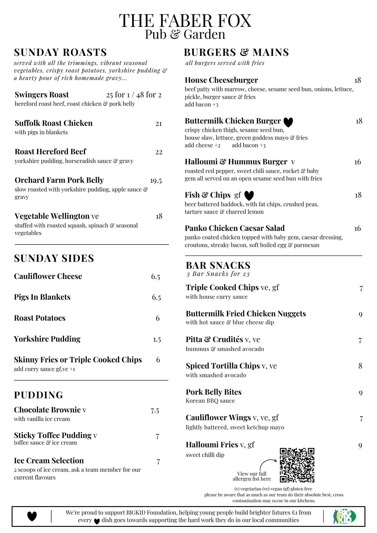 The Faber Fox menu, page 3