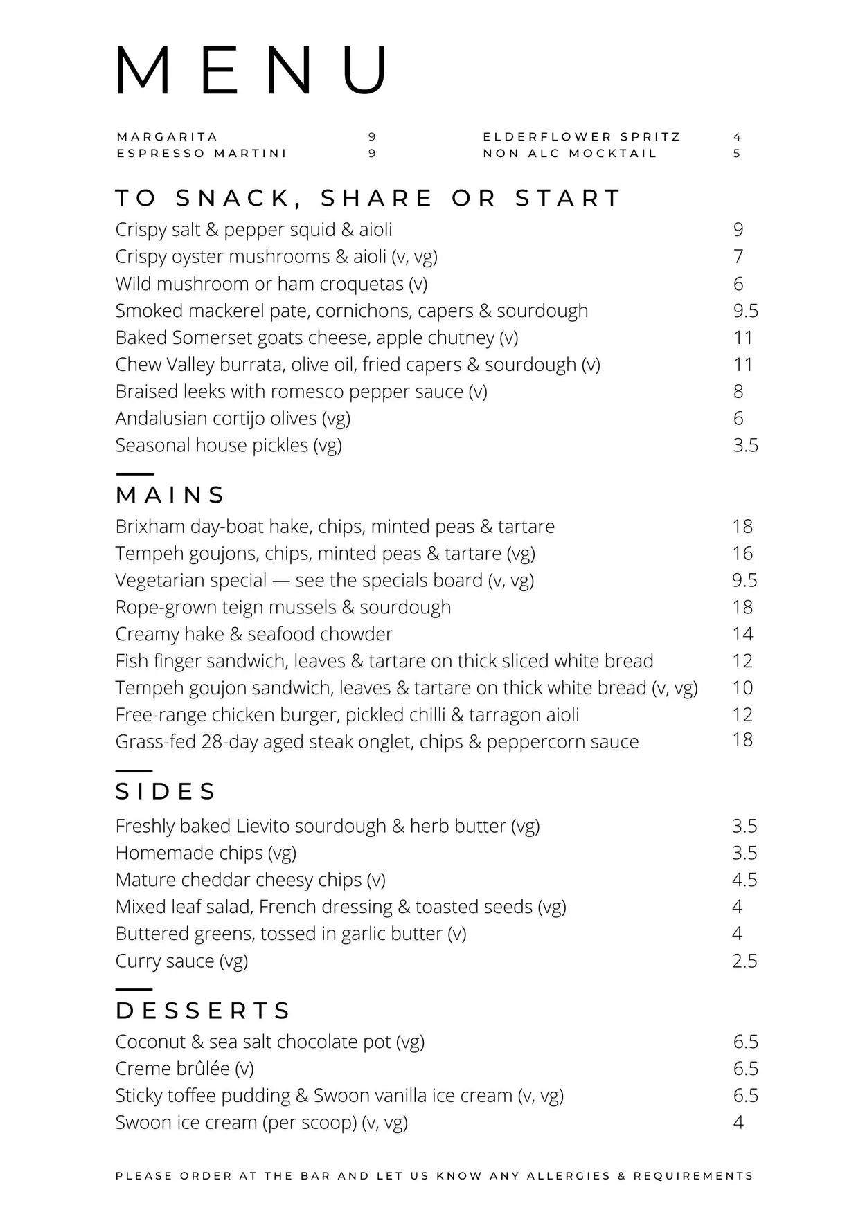 No.1 Harbourside menu, page 1