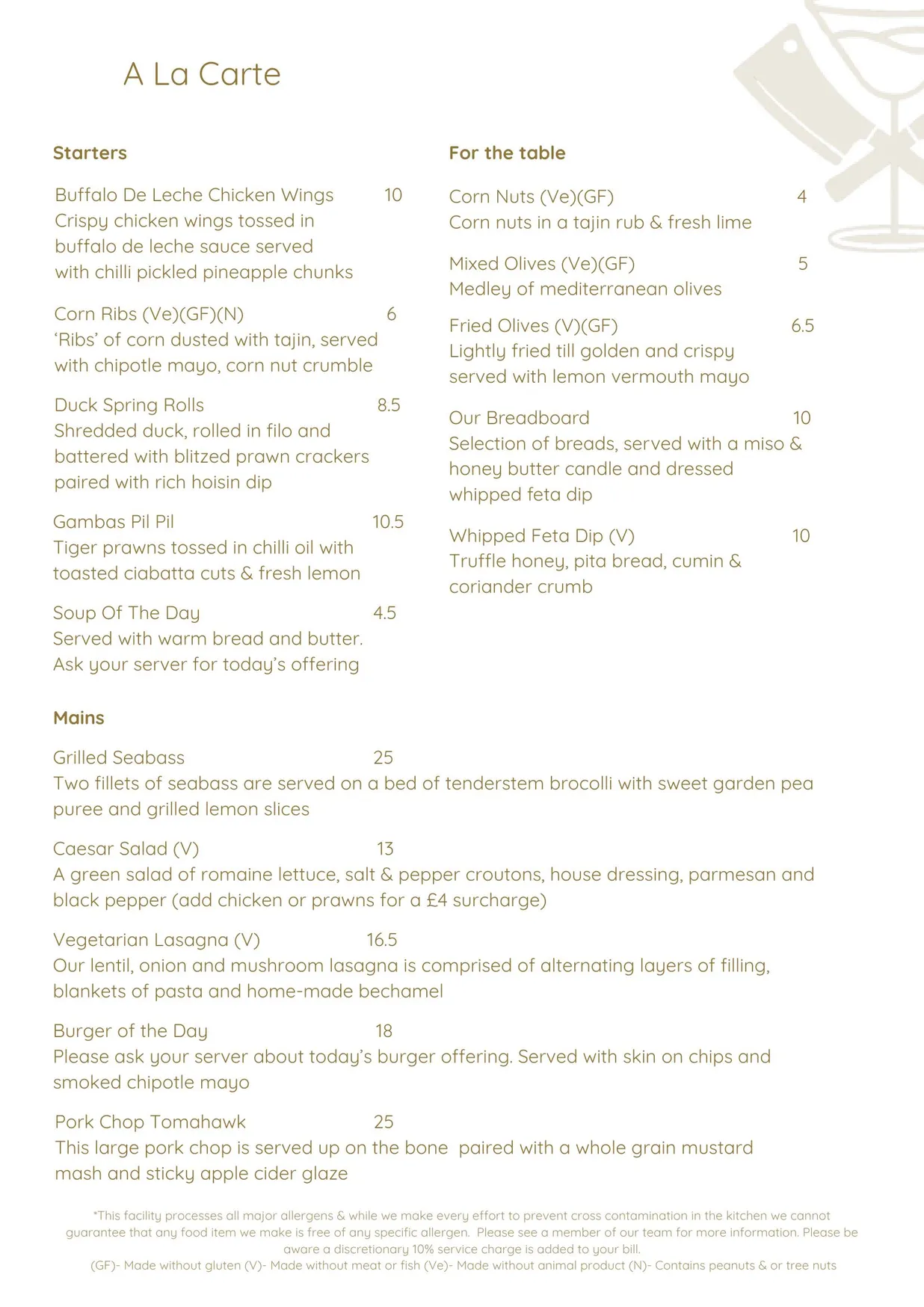 Bar & Tender menu, page 1
