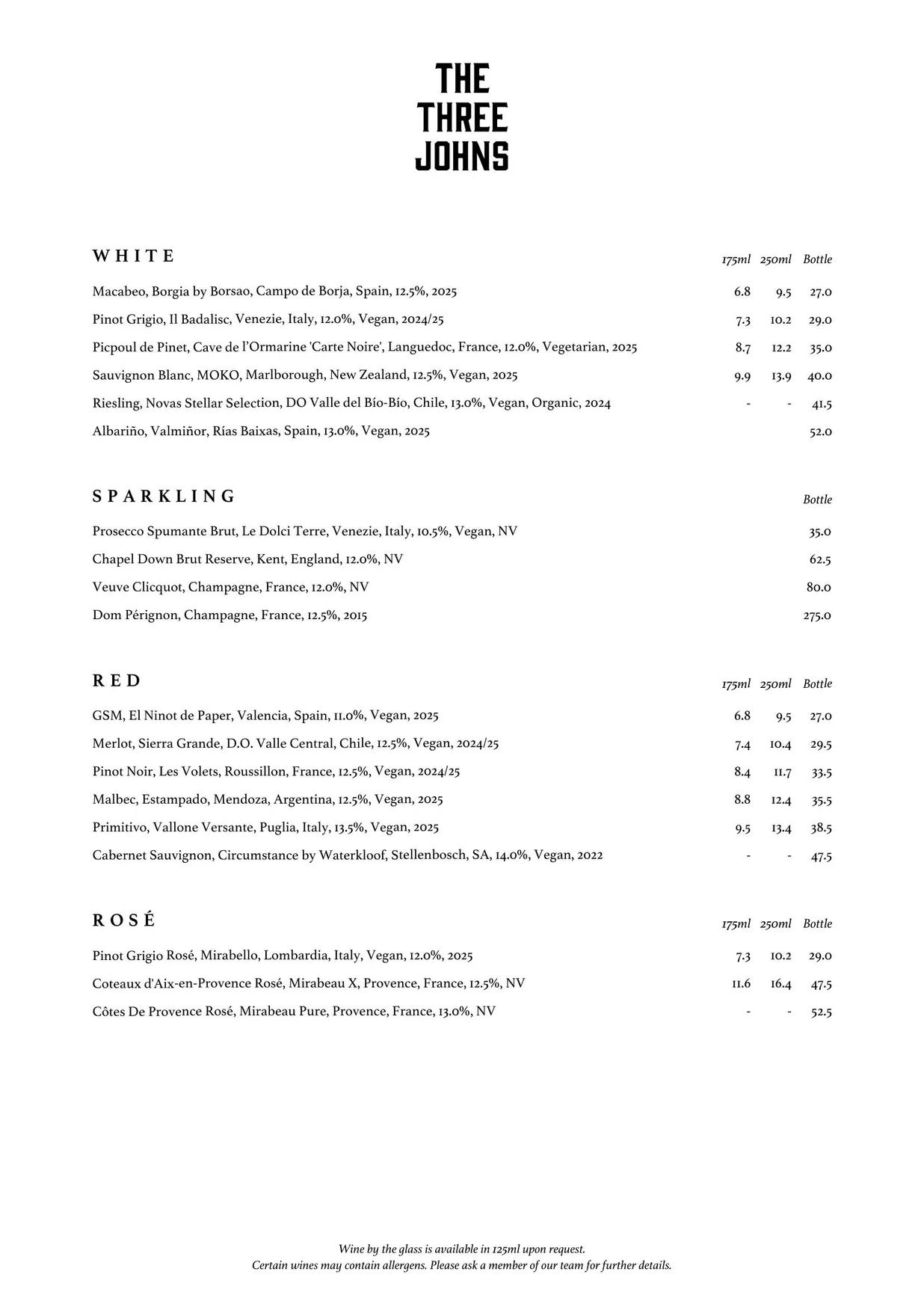 The Three Johns menu, page 2
