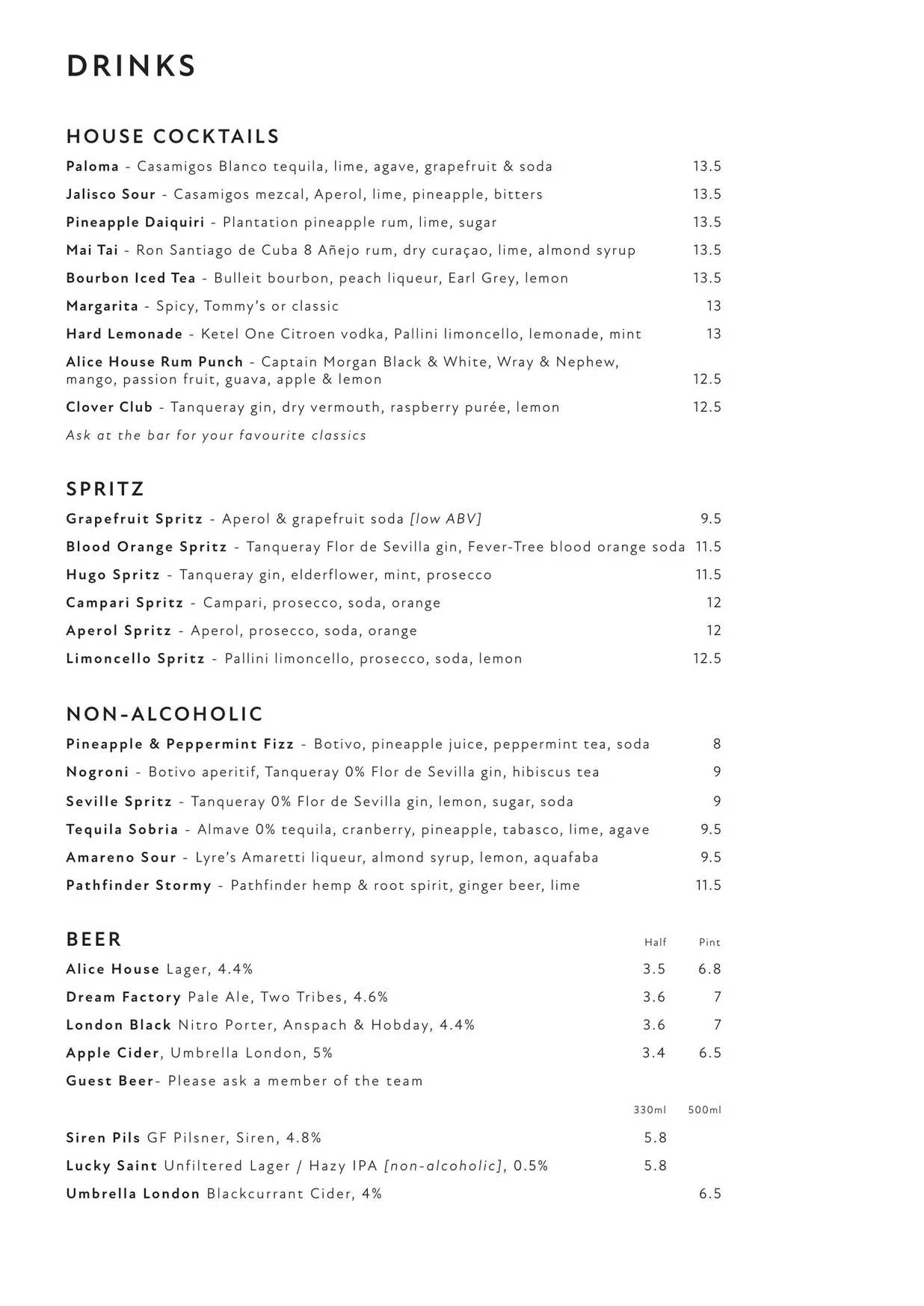 Alice House West Hampstead menu, page 2