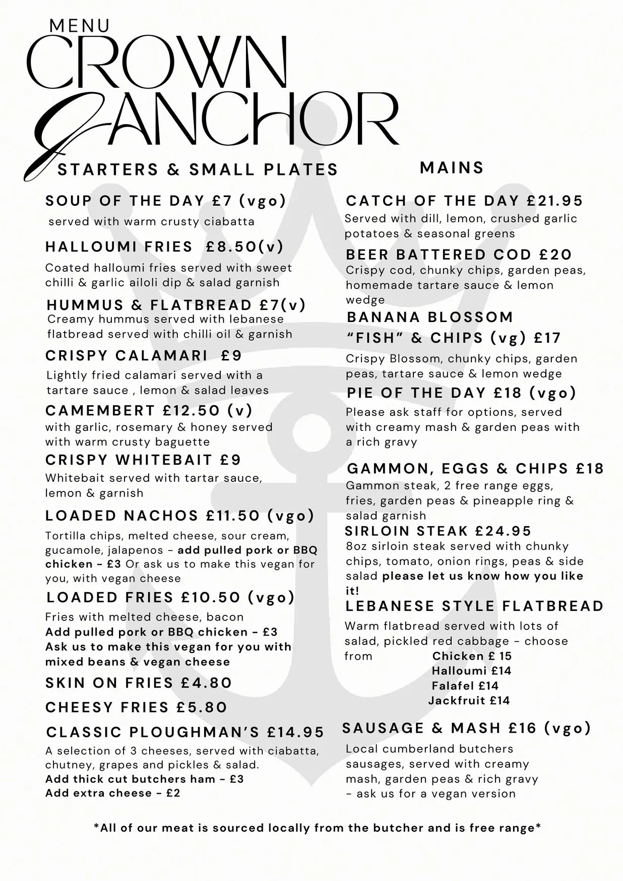 Crown and Anchor menu, page 1