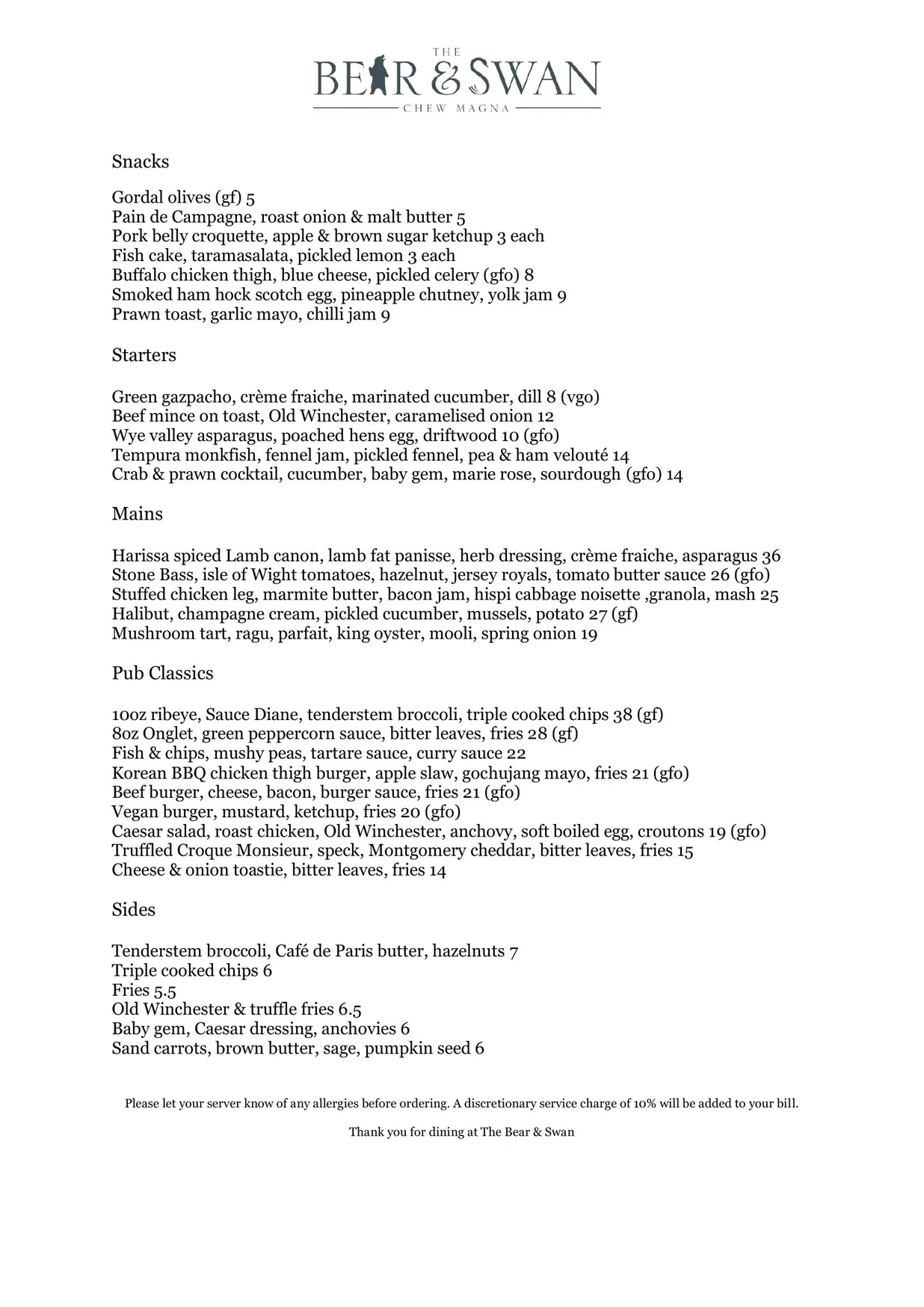 The Bear & Swan menu, page 2