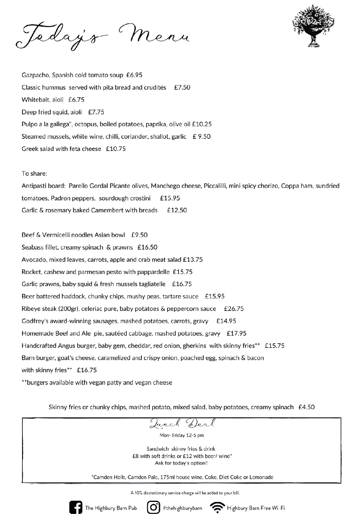 The Highbury Barn menu, page 1