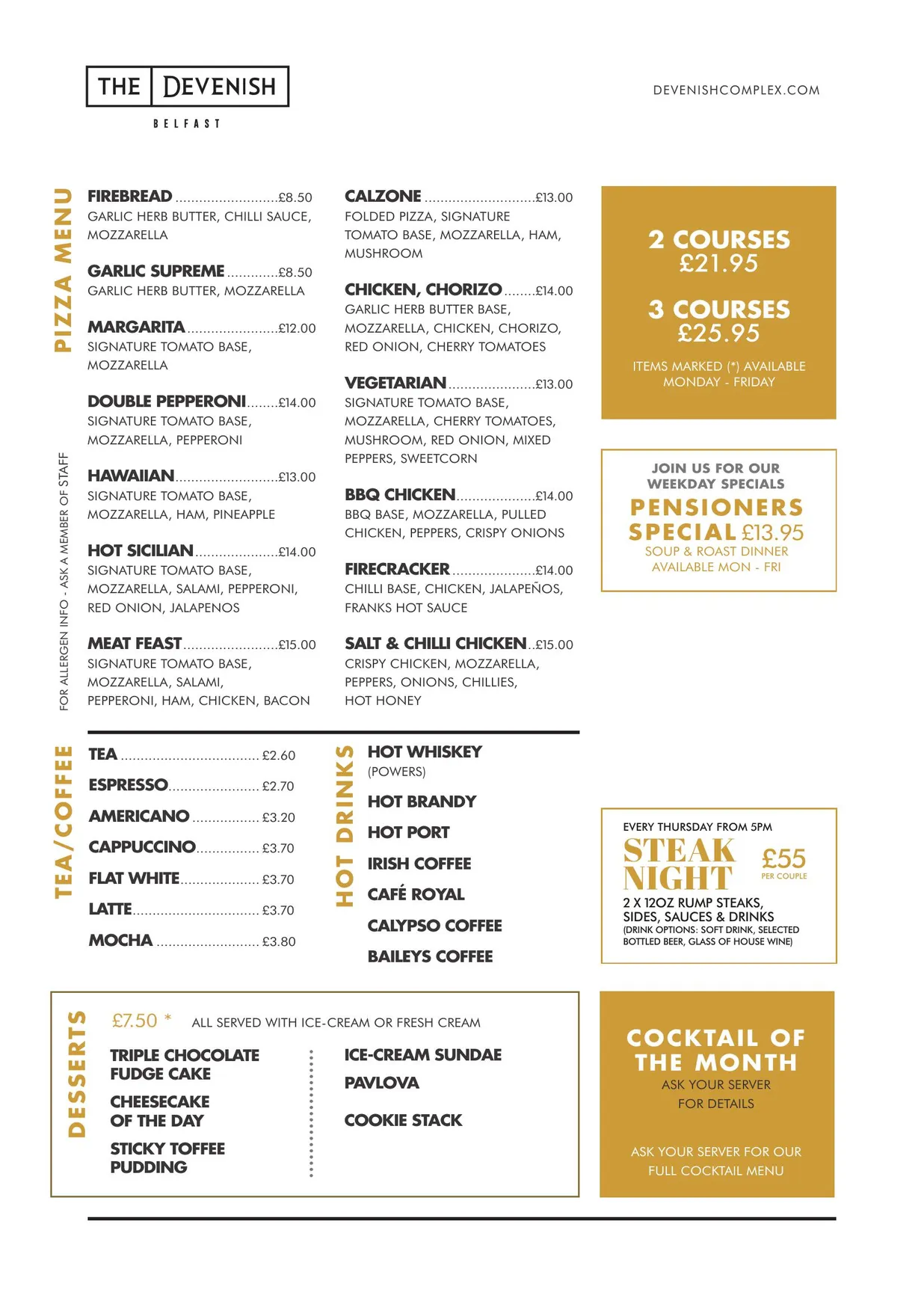 The Devenish Complex menu, page 1