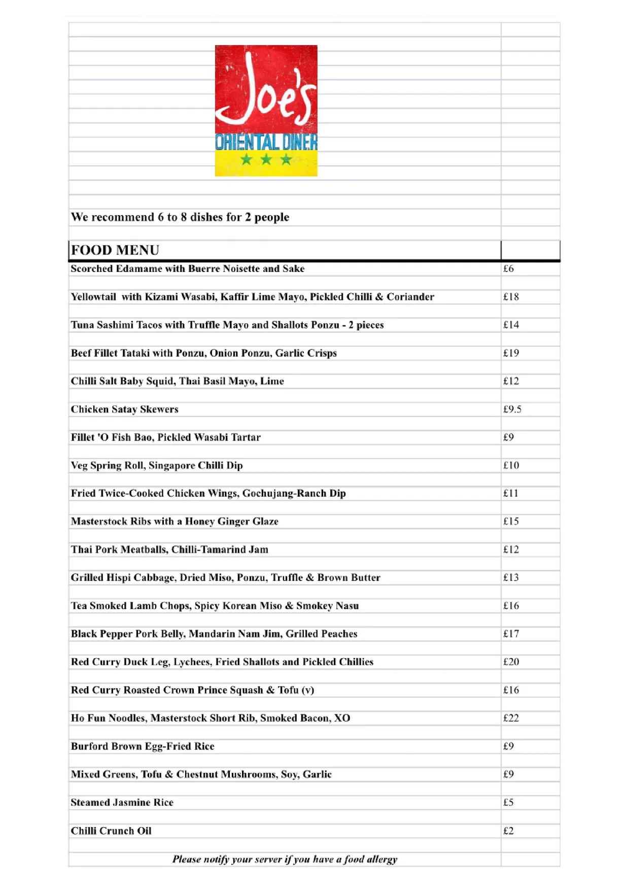 Joes Oriental Diner menu, page 1