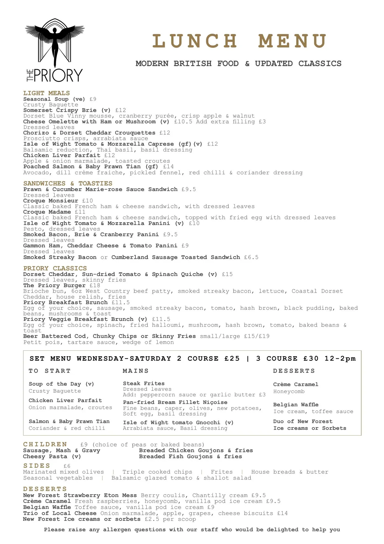 The Priory Restaurant menu, page 2