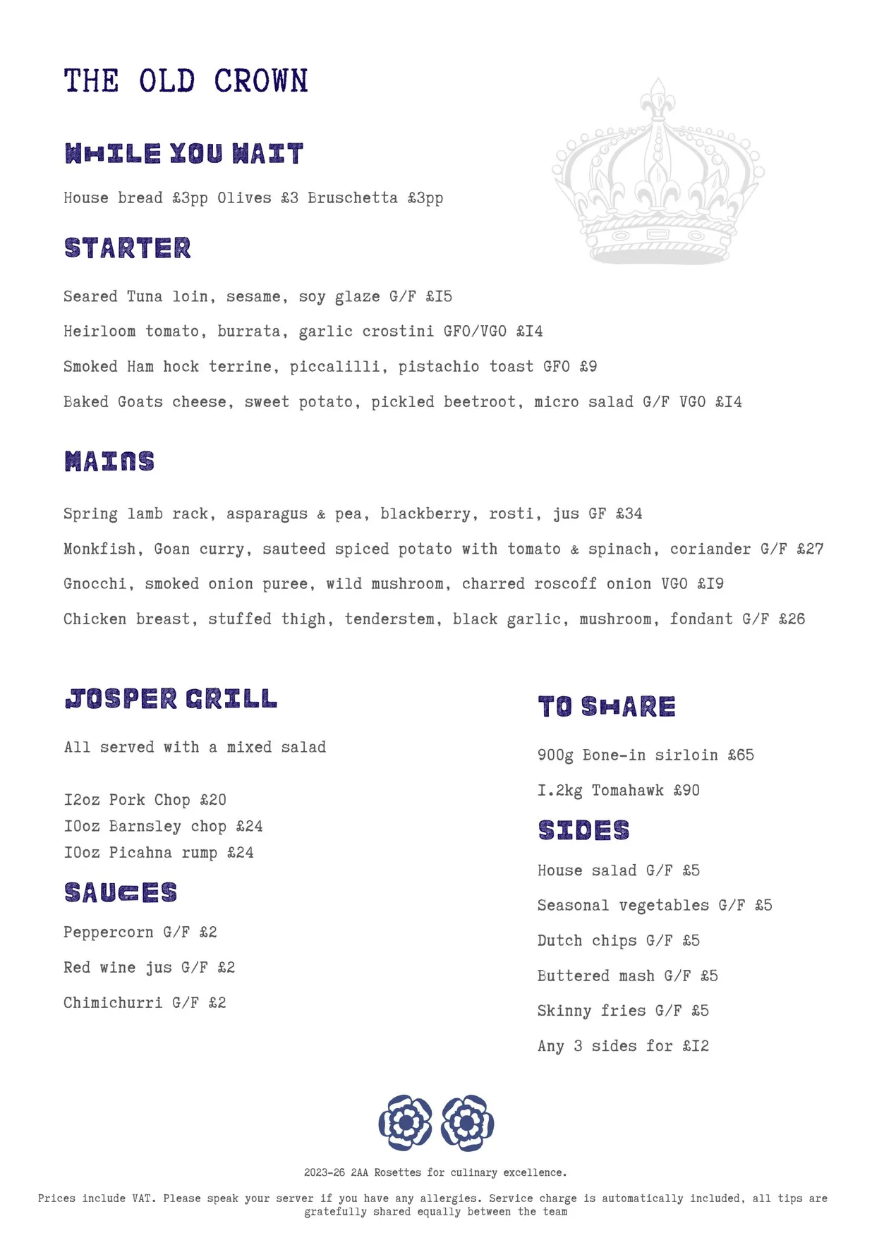 The Old Crown Coaching Inn menu, page 1