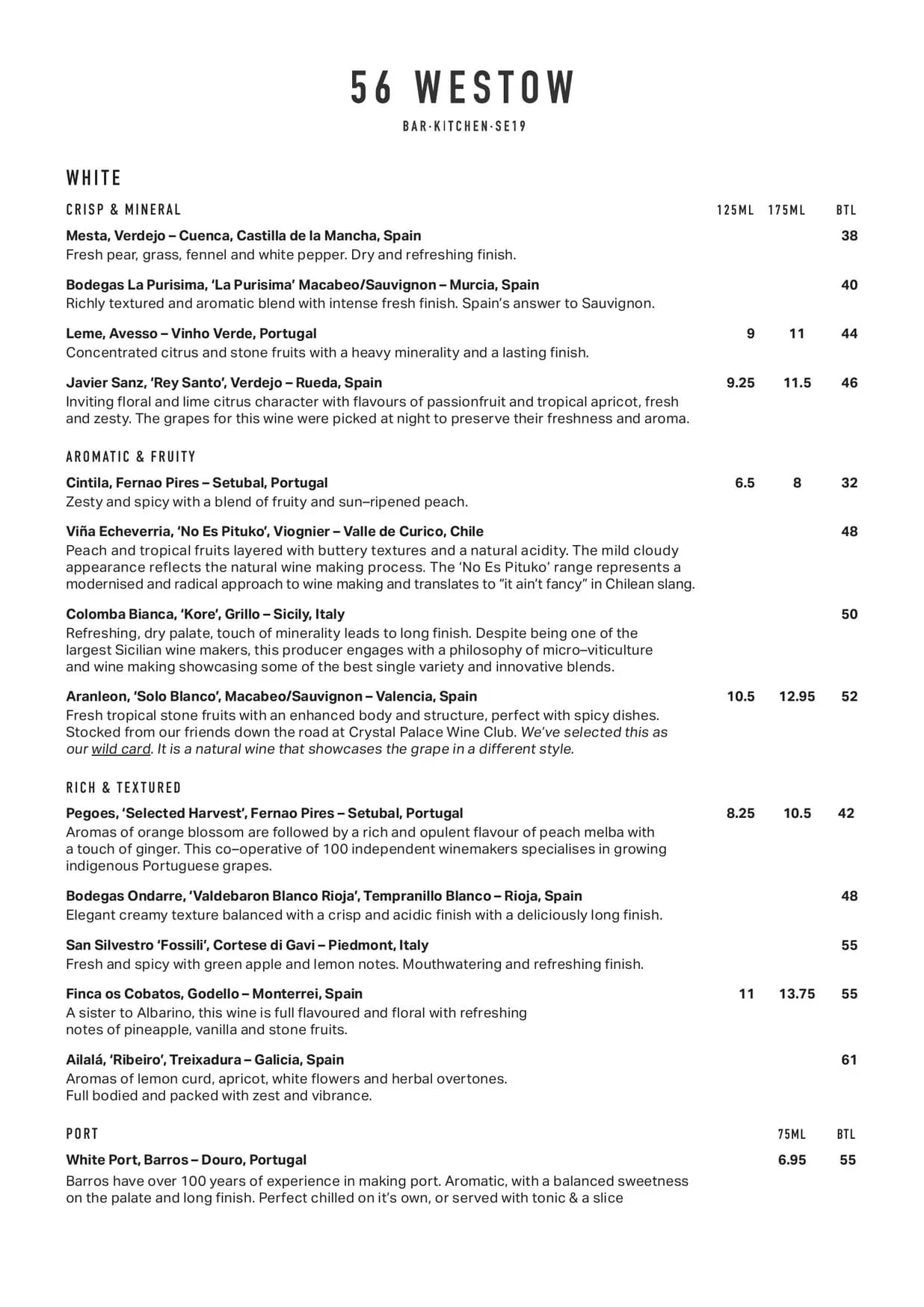 56 Westow menu, page 2