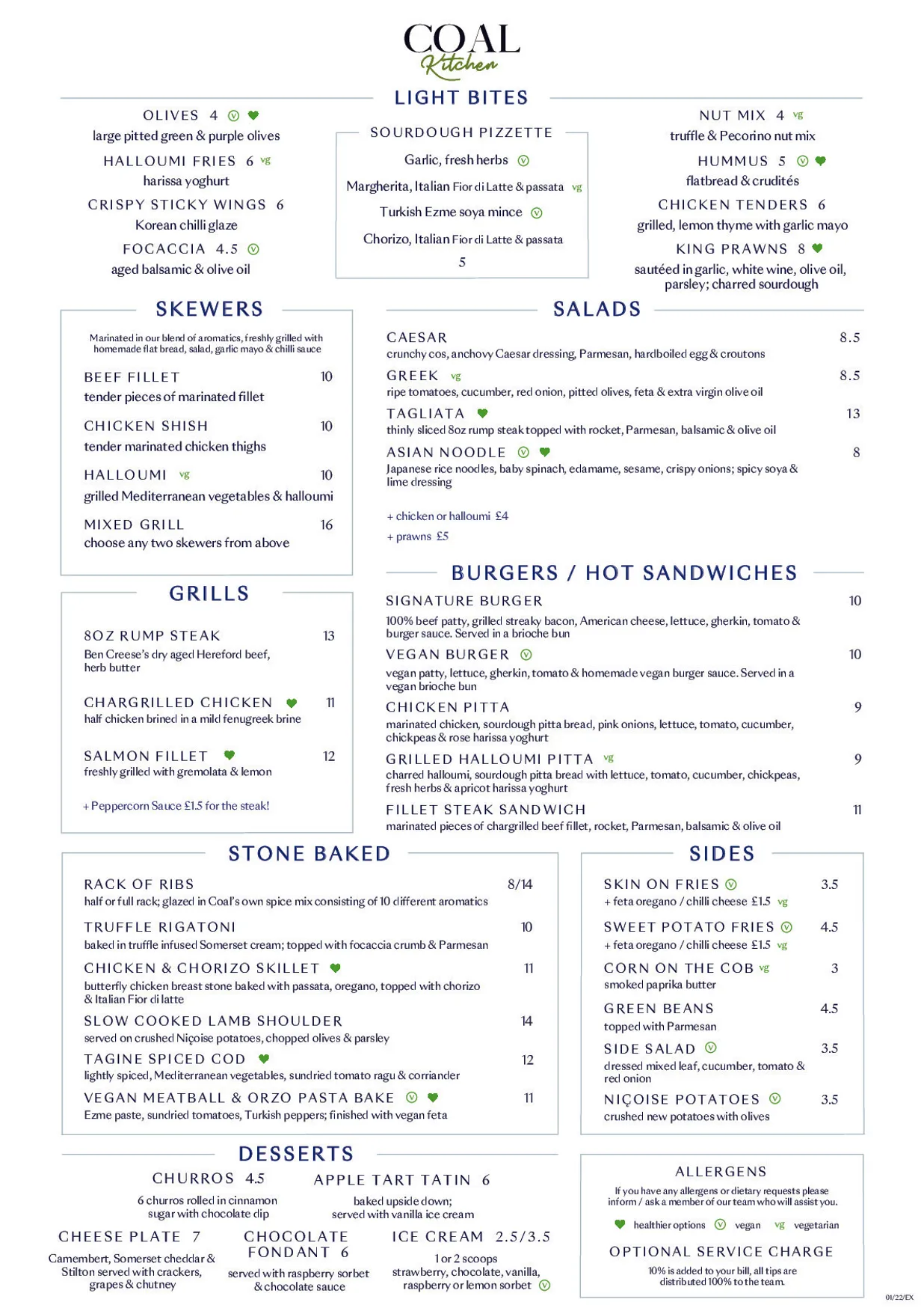 Coal Kitchen menu, page 1