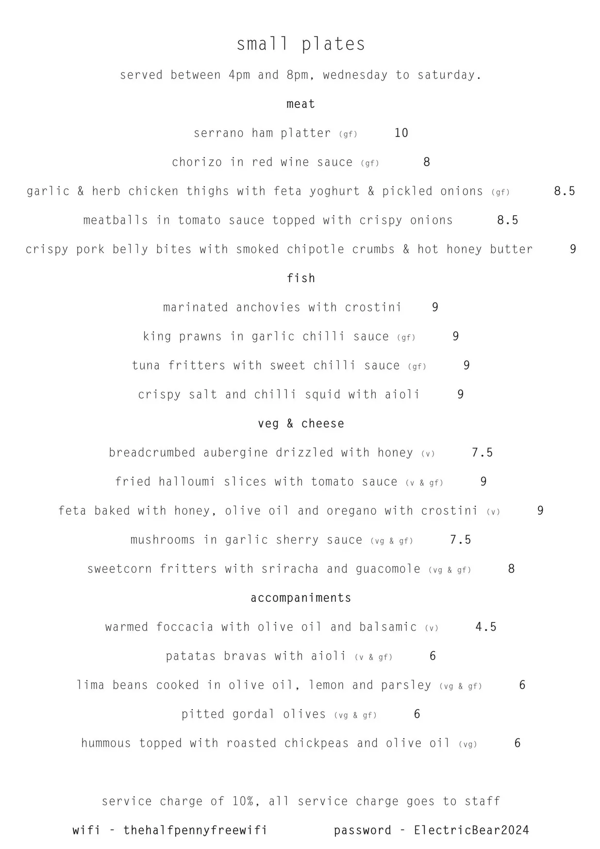 The Halfpenny menu, page 1
