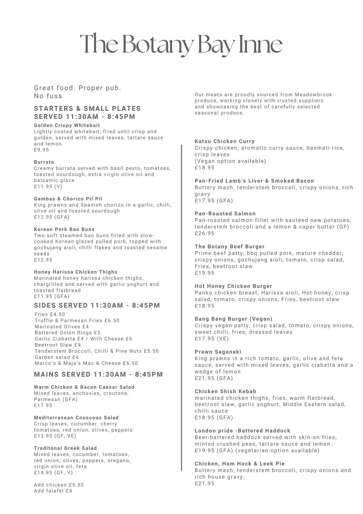 The Botany Bay Inne menu, page 1