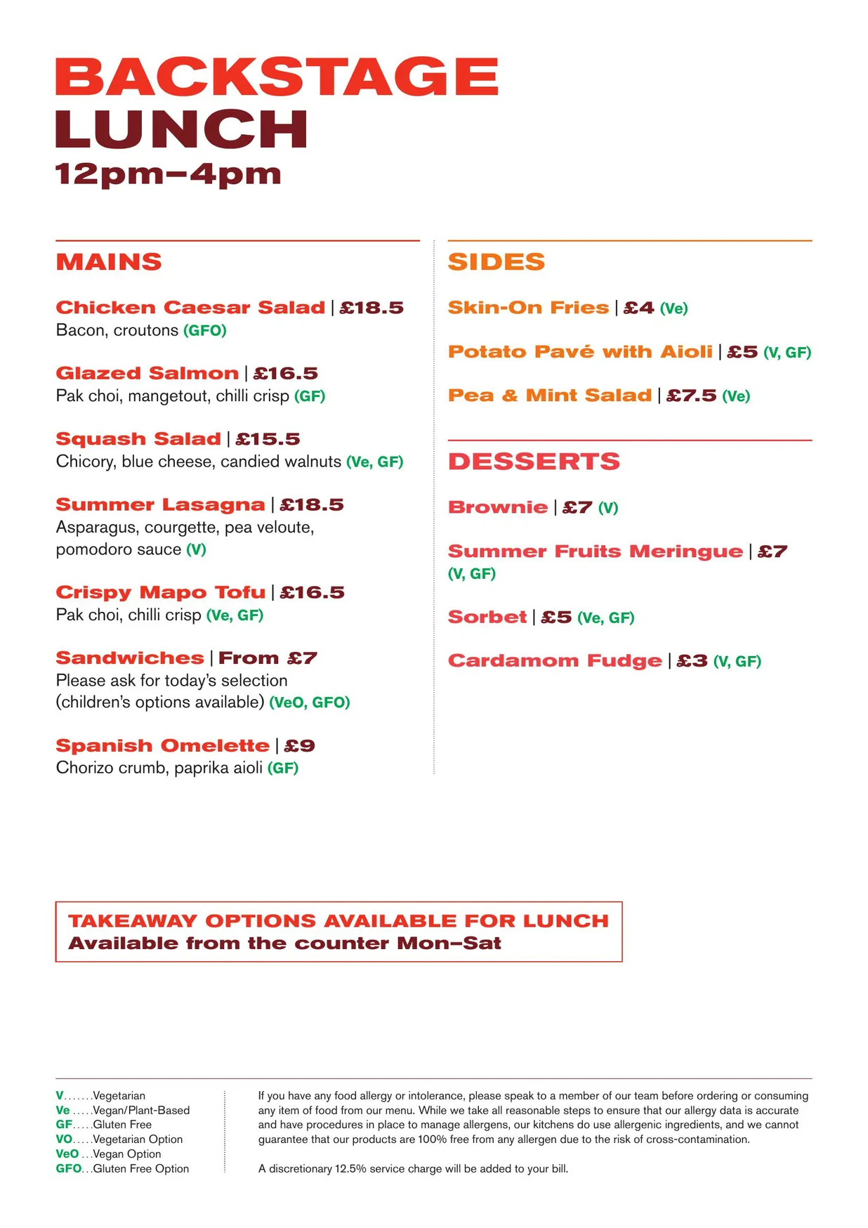 Backstage at The Old Vic menu, page 2