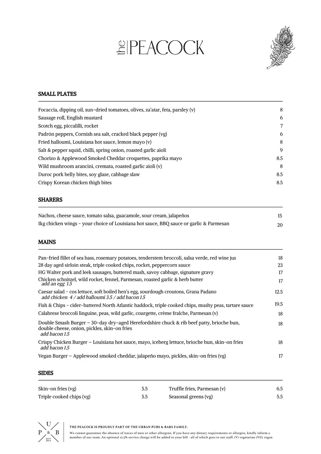 The Peacock menu, page 1