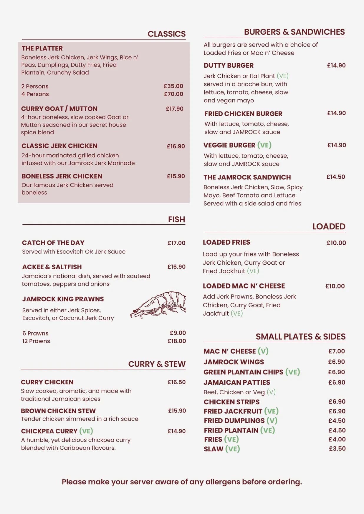 Jamrock menu, page 2