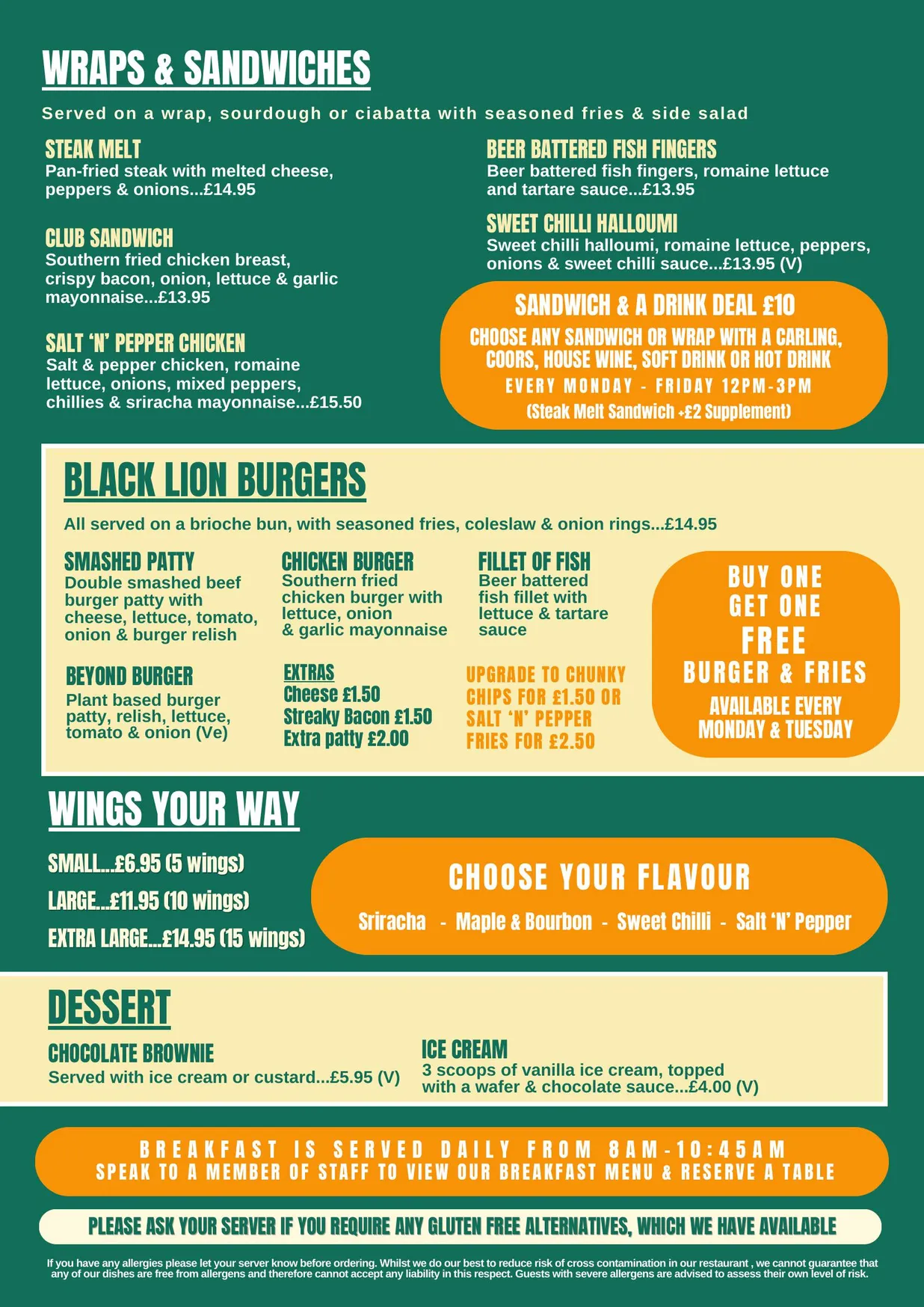 The Black Lion menu, page 2