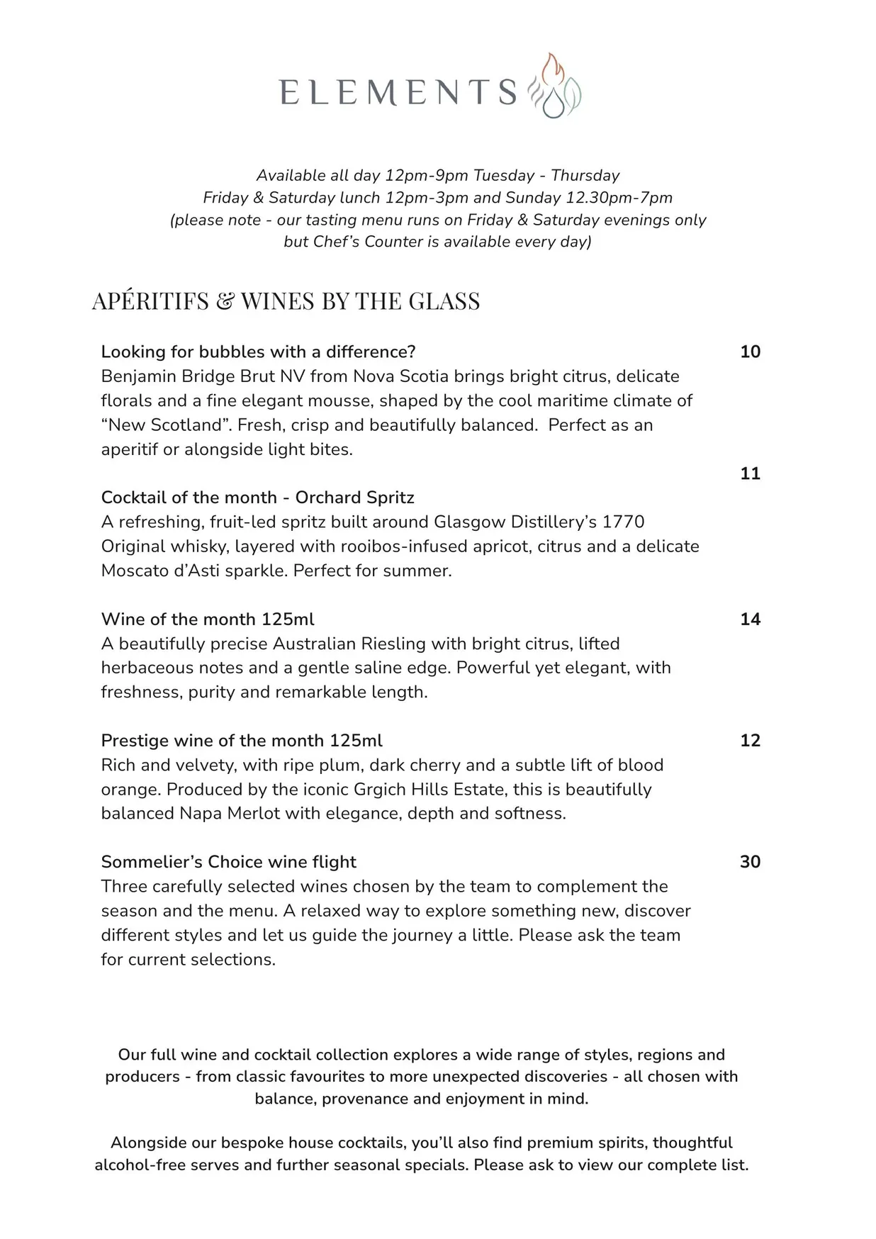 Elements menu, page 1