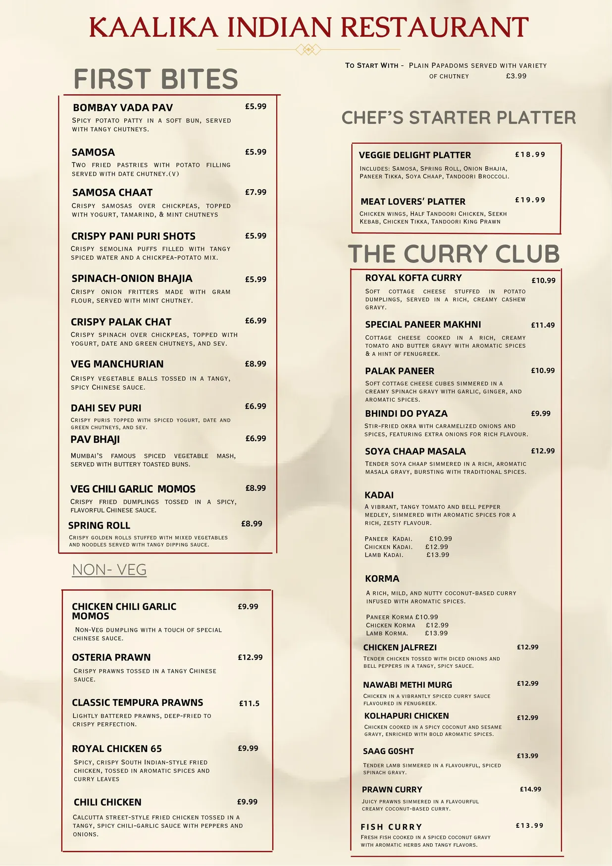 Kaalika Indian Restaurant menu, page 1