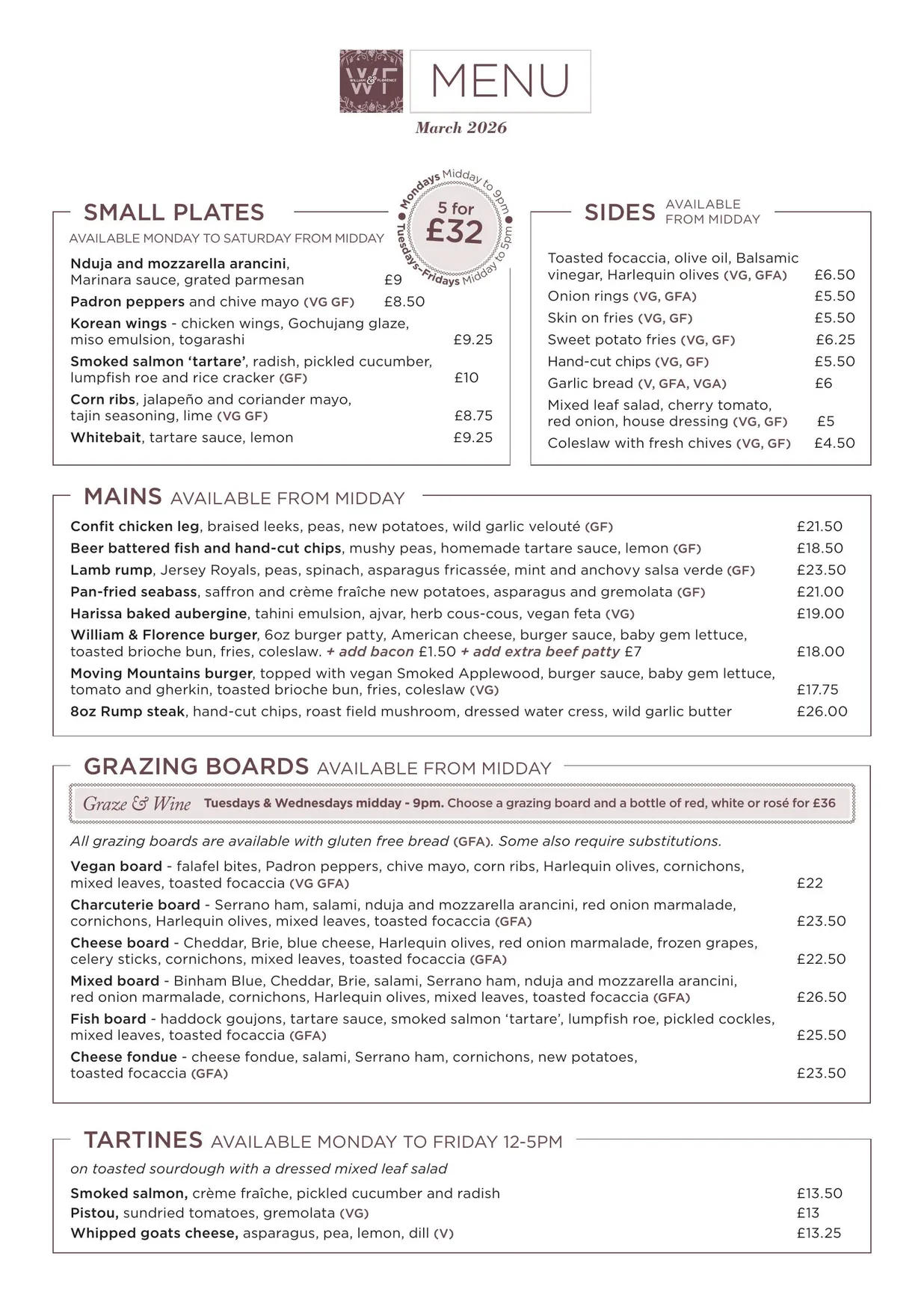 William & Florence menu, page 1