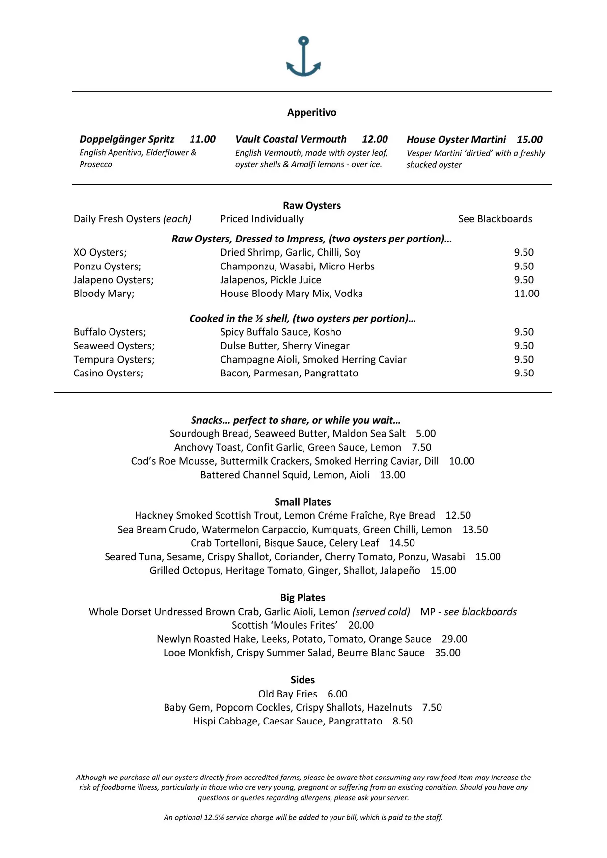 The Oystermen menu, page 1