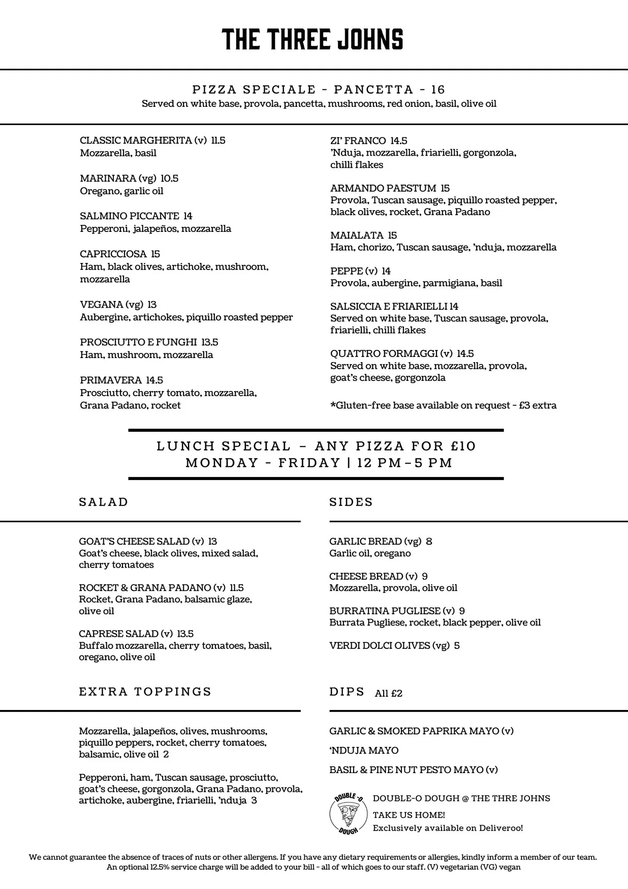 The Three Johns menu, page 1