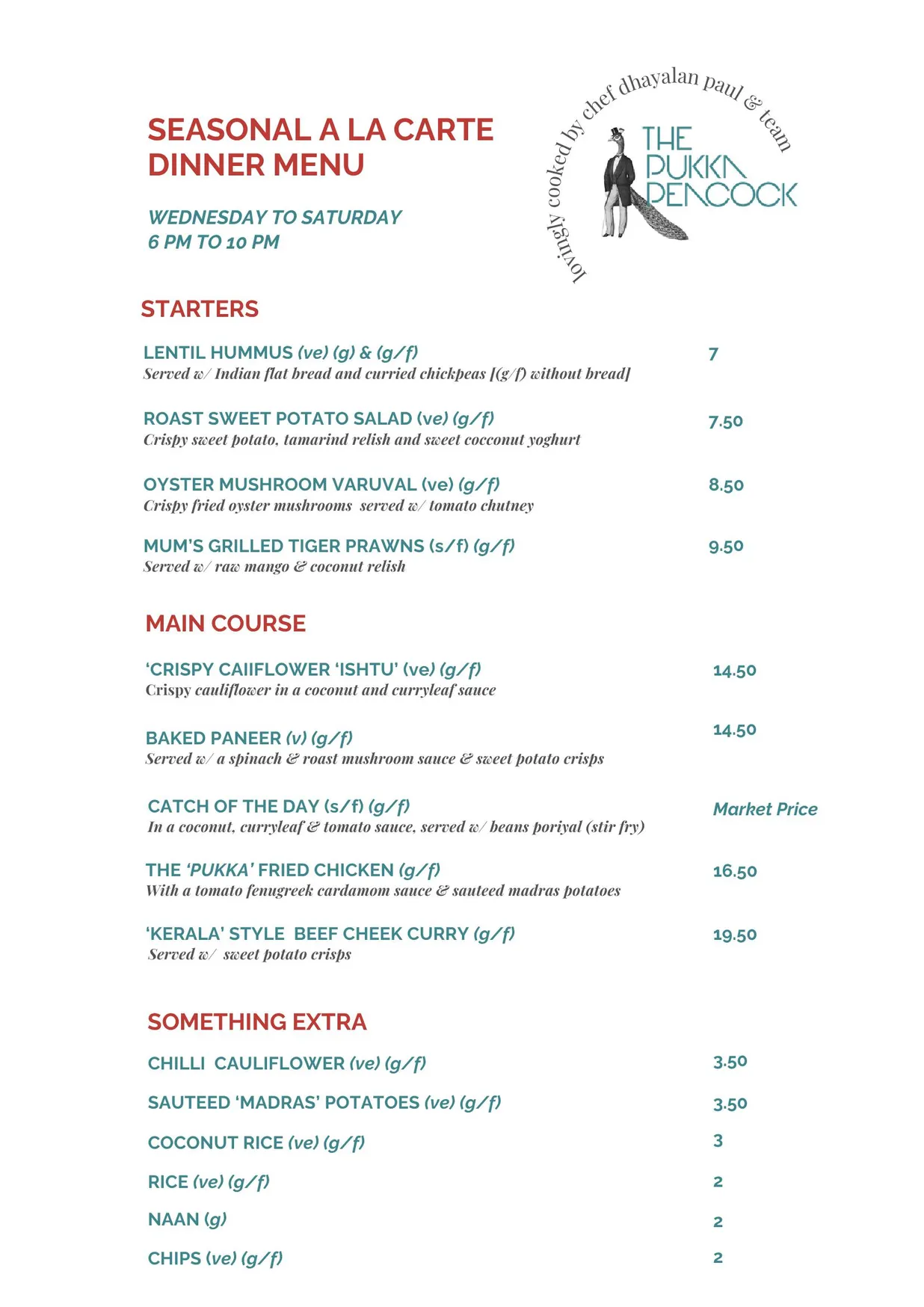 The Pukka Peacock menu, page 1