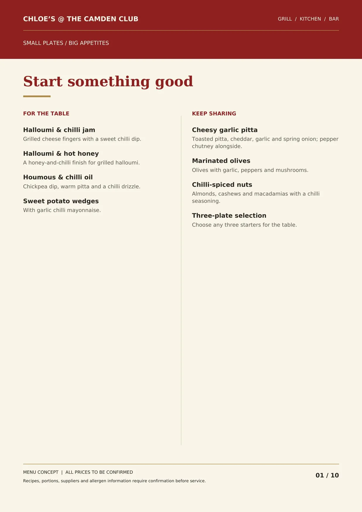 Chloe's @ The Camden Club menu, page 1