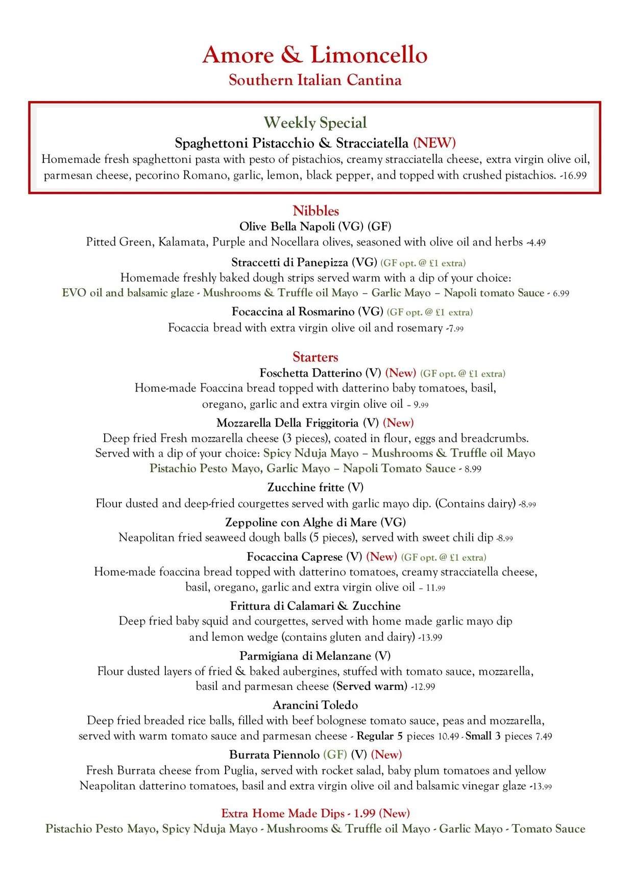 Amore & Limoncello menu, page 1